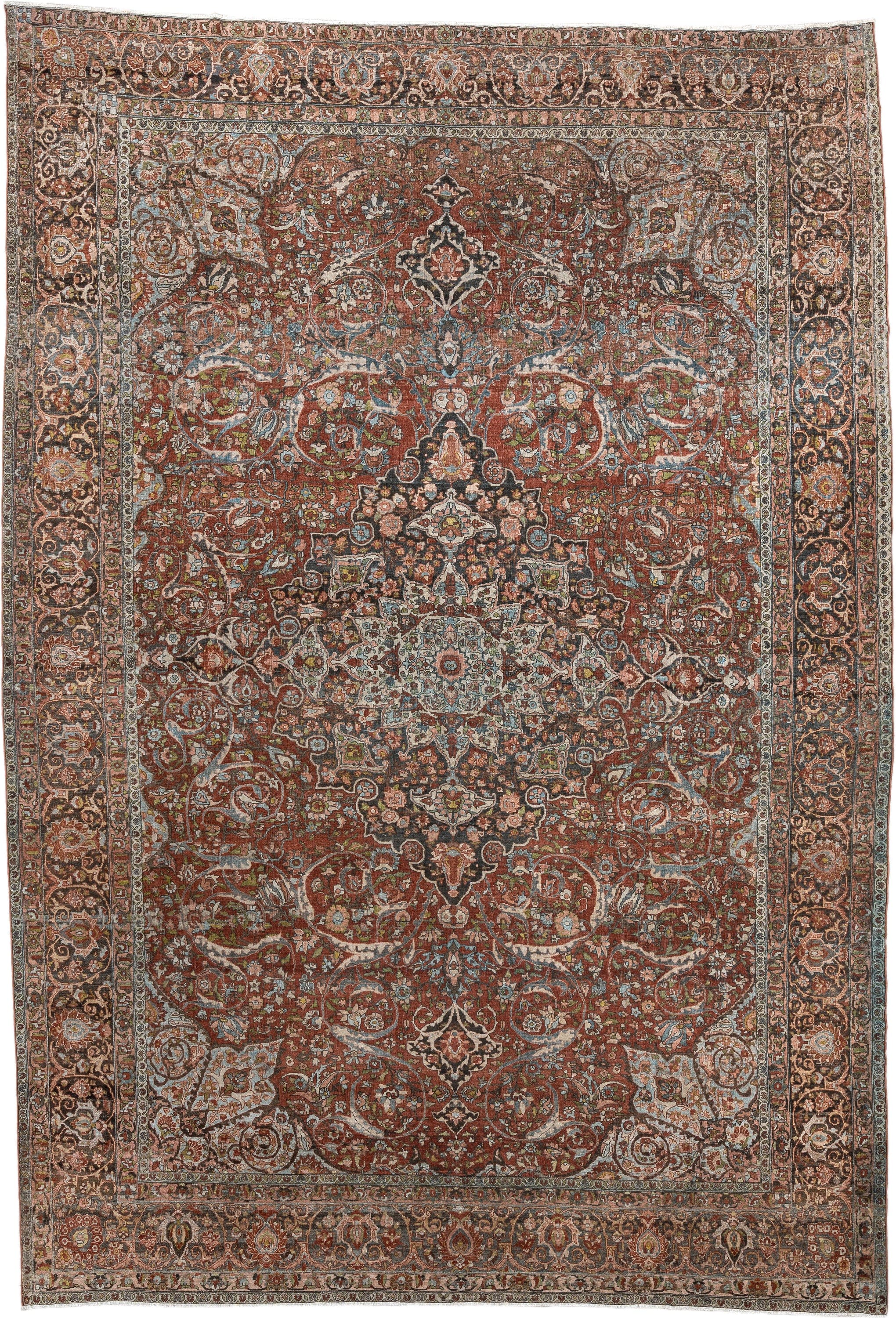 10' x 15' one-of-a-kind handmade antique Baktiary oversize rug. Color palette: terracotta, ivory, charcoal, sky blue, taupe
