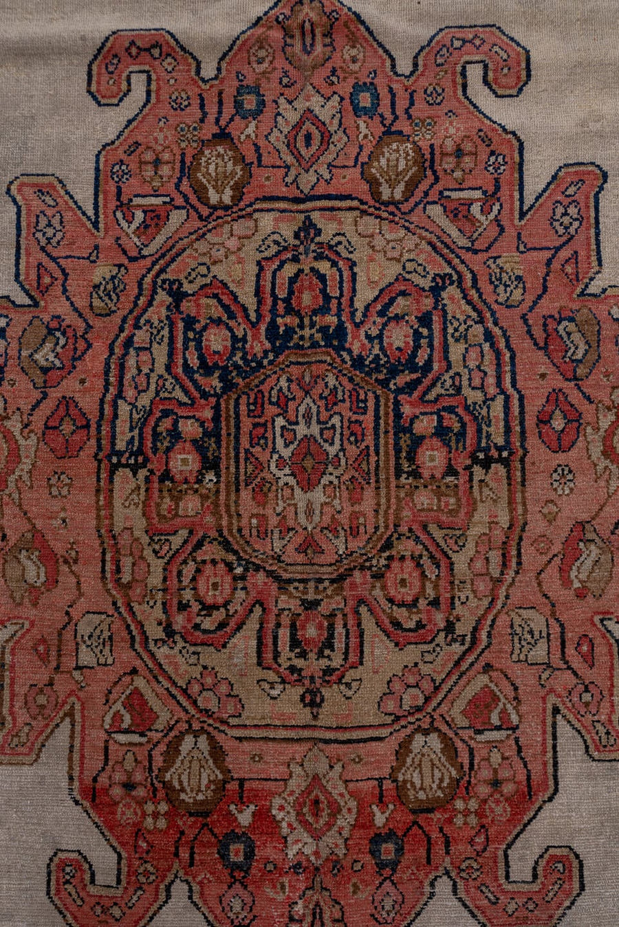 6' x 11' one-of-a-kind handmade antique Malayer large size rug. Color palette: ivory, rose, navy, rust, slate, taupe, camel