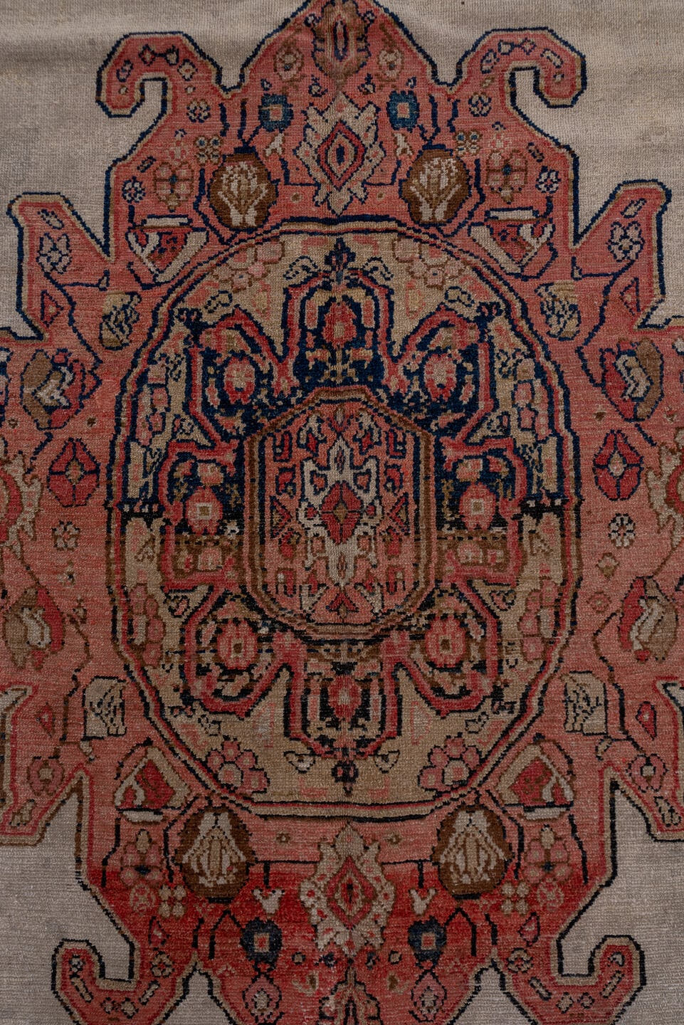 6' x 11' one-of-a-kind handmade antique Malayer large size rug. Color palette: ivory, rose, navy, rust, slate, taupe, camel