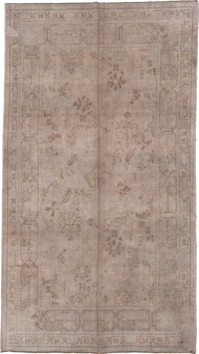 5' x 10' one-of-a-kind handmade vintage Oushak medium size rug. Color palette: gray, light gray, off-white, pink