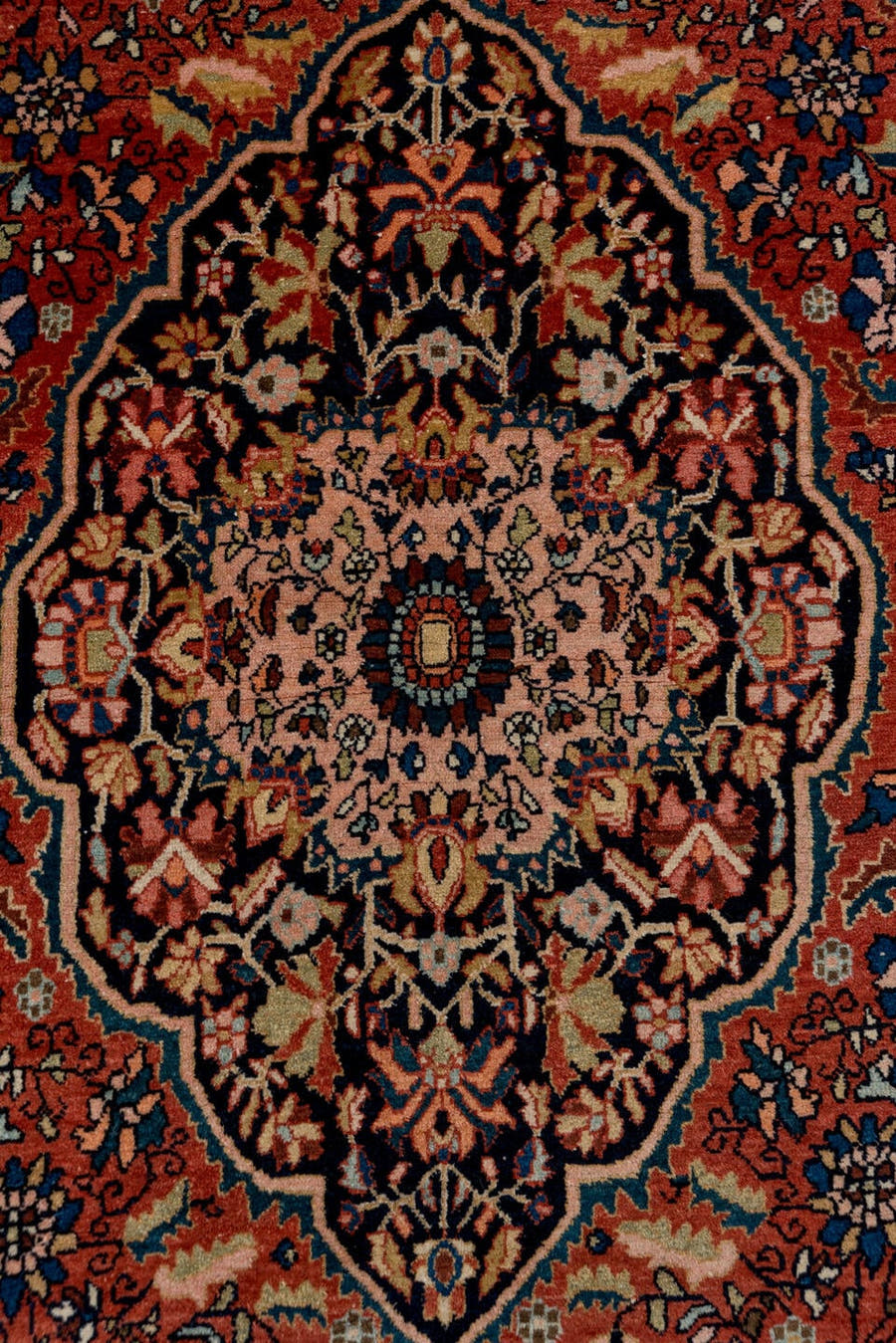 4' x 6' one-of-a-kind handmade antique Far.Sarouk small size rug. Color palette: rust, navy, ivory, soft blue, rose, camel