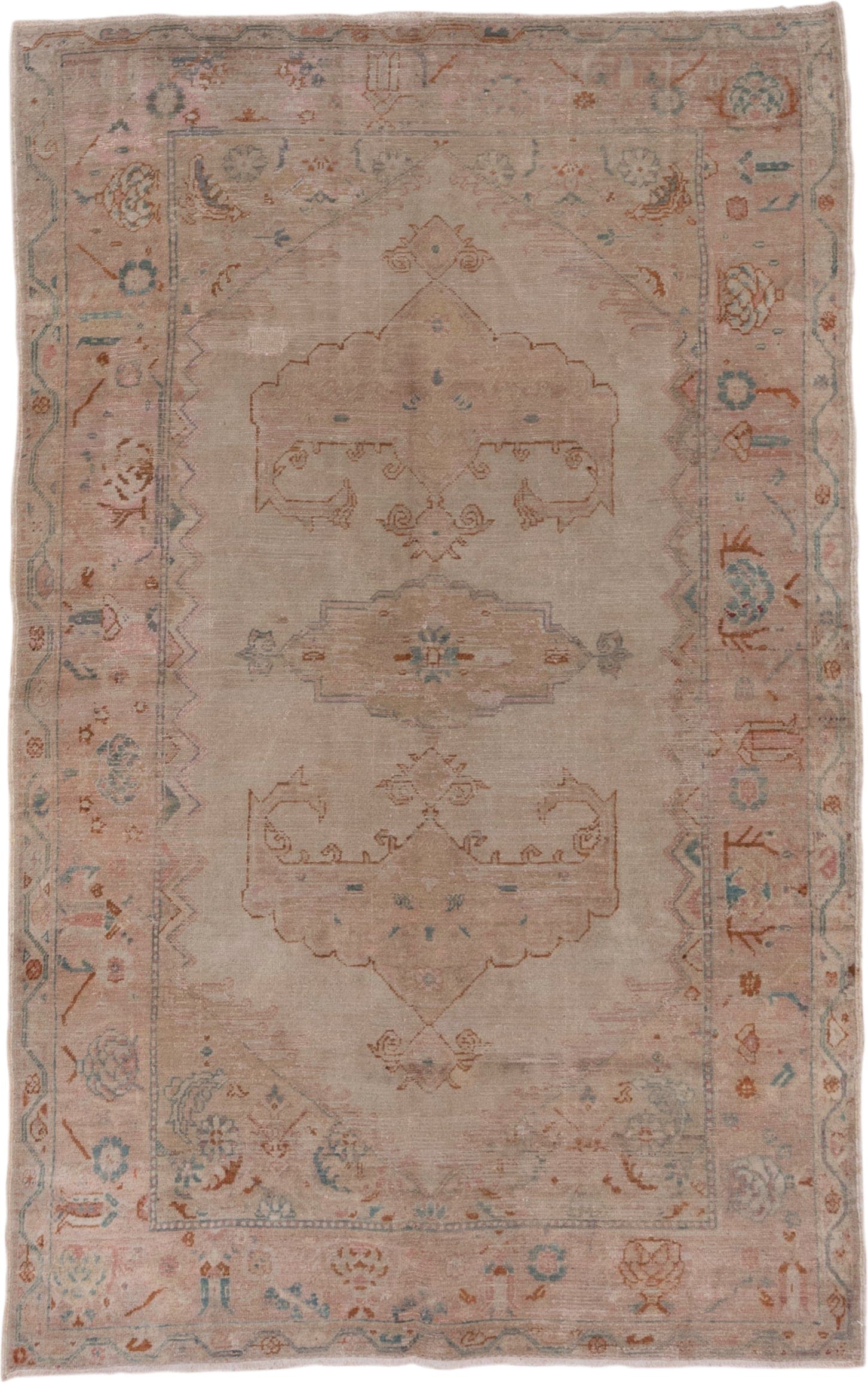 4' x 7' one-of-a-kind handmade antique Oushak rug. Color palette: blush, ivory, aqua, rust, taupe, sage, pink, teal