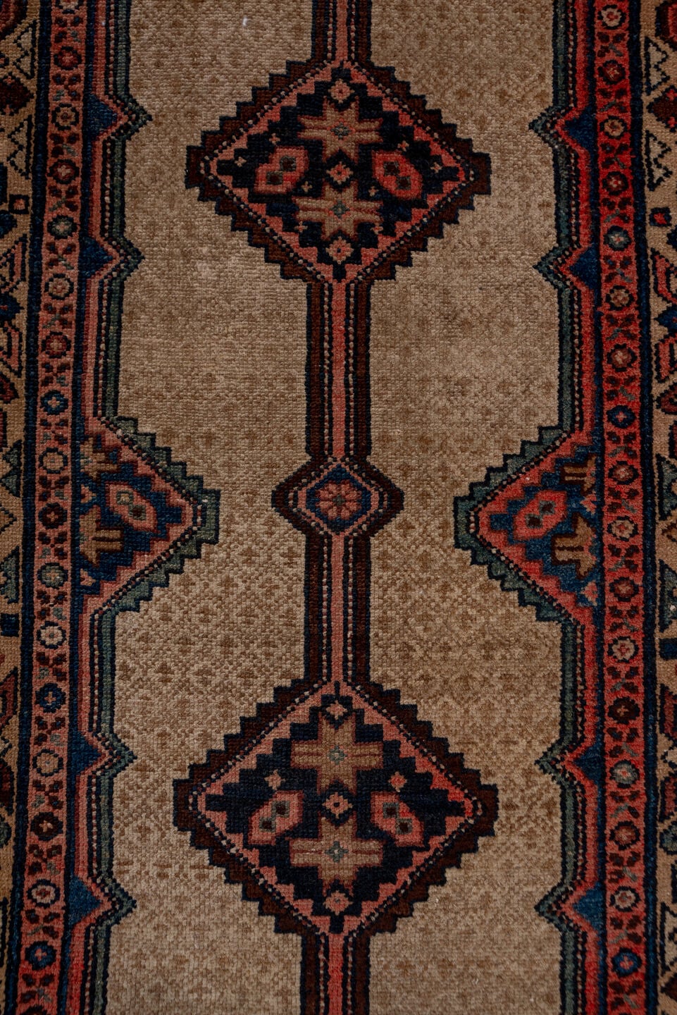 3' x 20' one-of-a-kind handmade antique Cam Hamadan runner rug. Color palette: camel, ivory, indigo, rust, navy, rose, brown