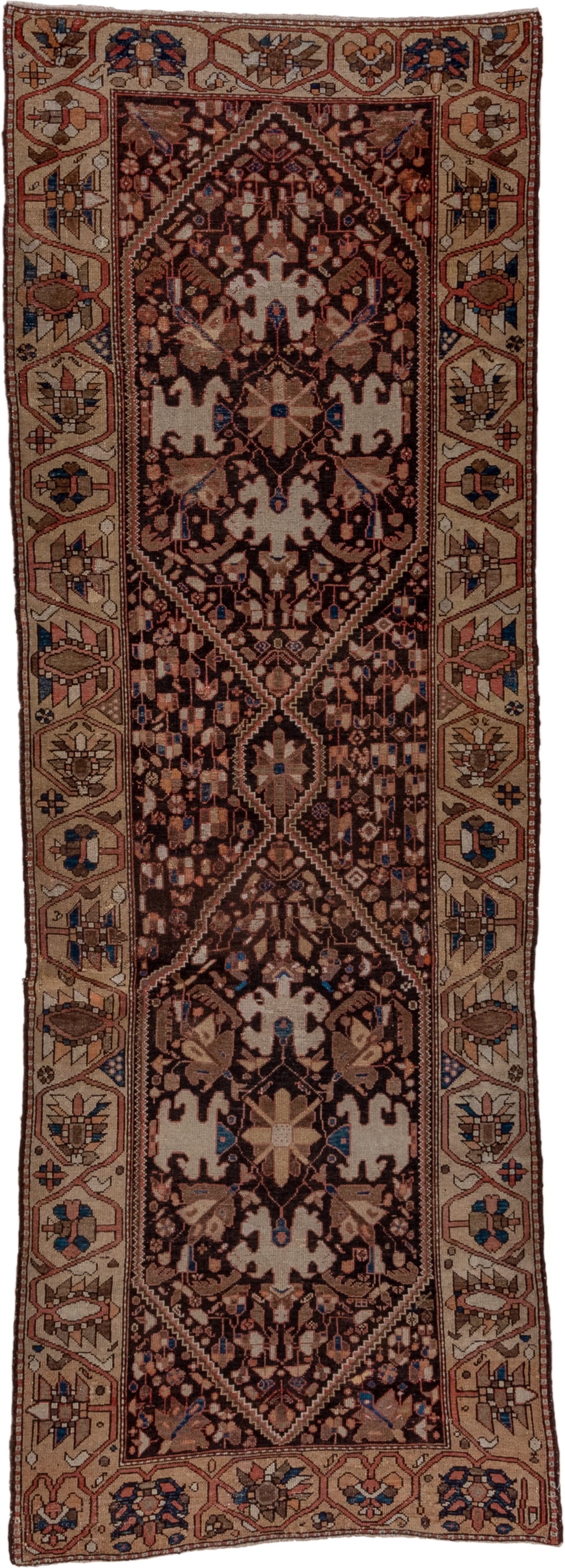 3' x 9' one-of-a-kind handmade antique Malayer runner rug. Color palette: brown, ivory, camel, indigo, rust, taupe, rose