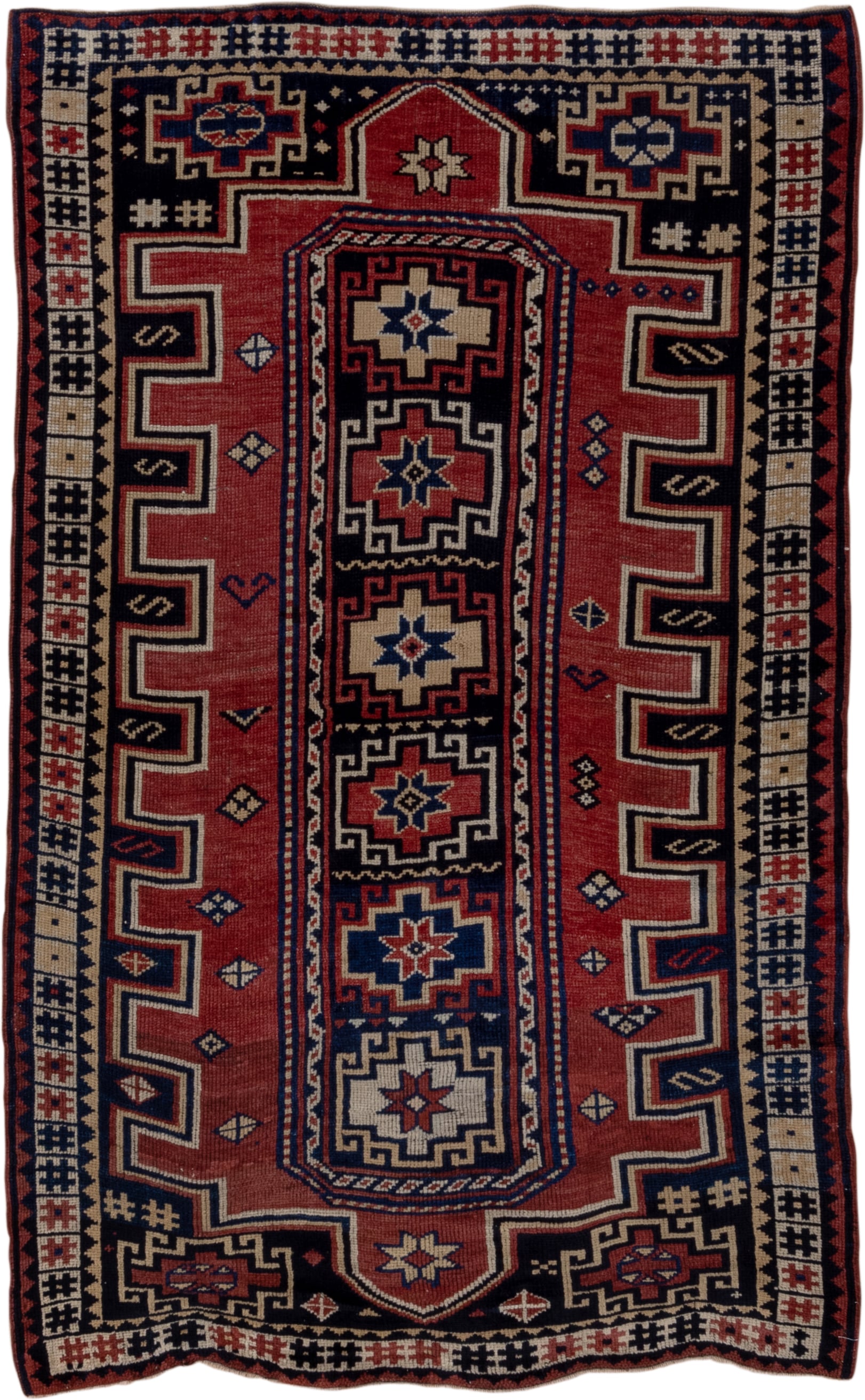 4' x 6' one-of-a-kind handmade antique Trans Caucasian small size rug. Color palette: rust, navy, ivory, crimson, indigo
