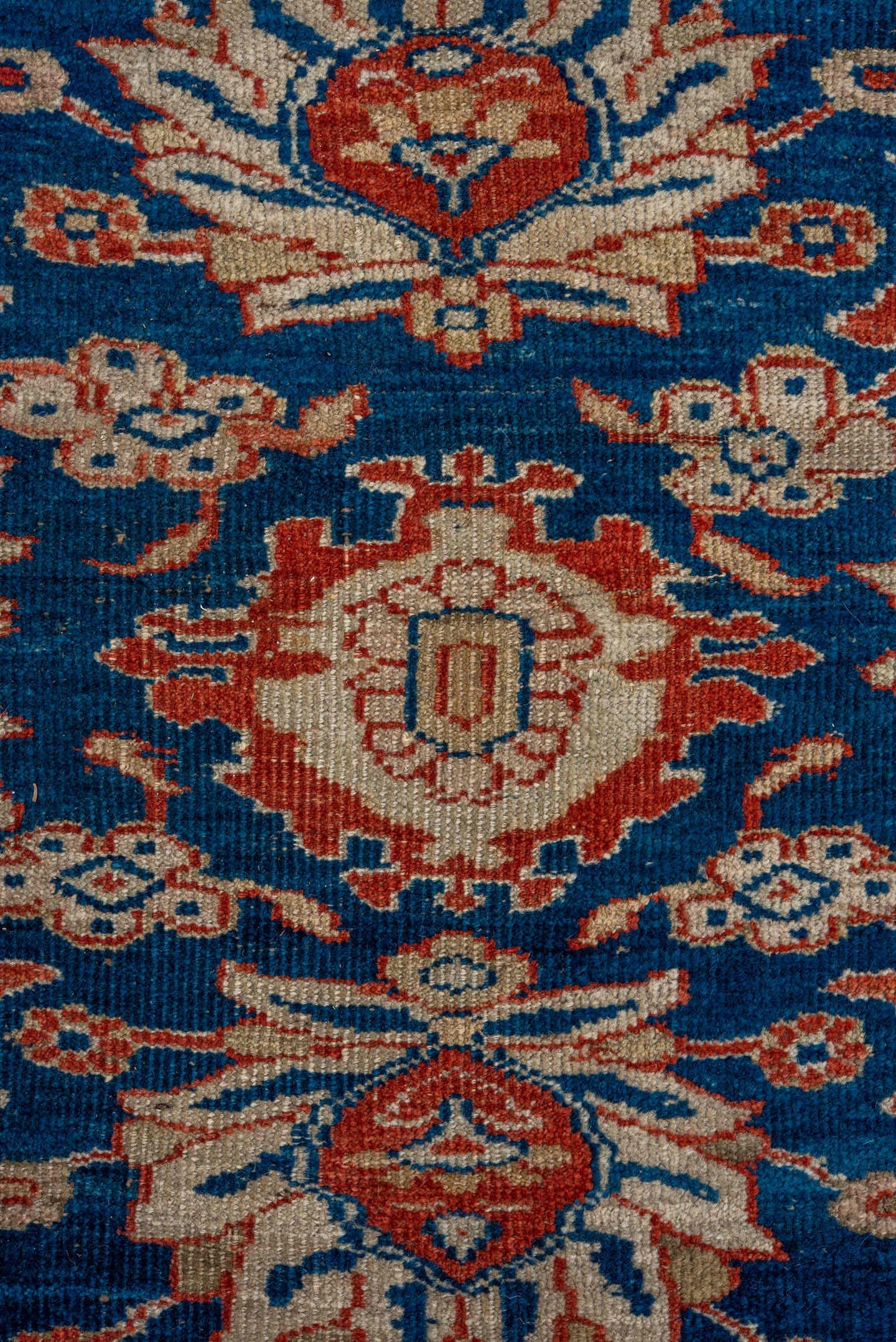 10' x 12' one-of-a-kind handmade antique Sultanabad large size rug. Color palette: navy, rust, ivory, camel, indigo