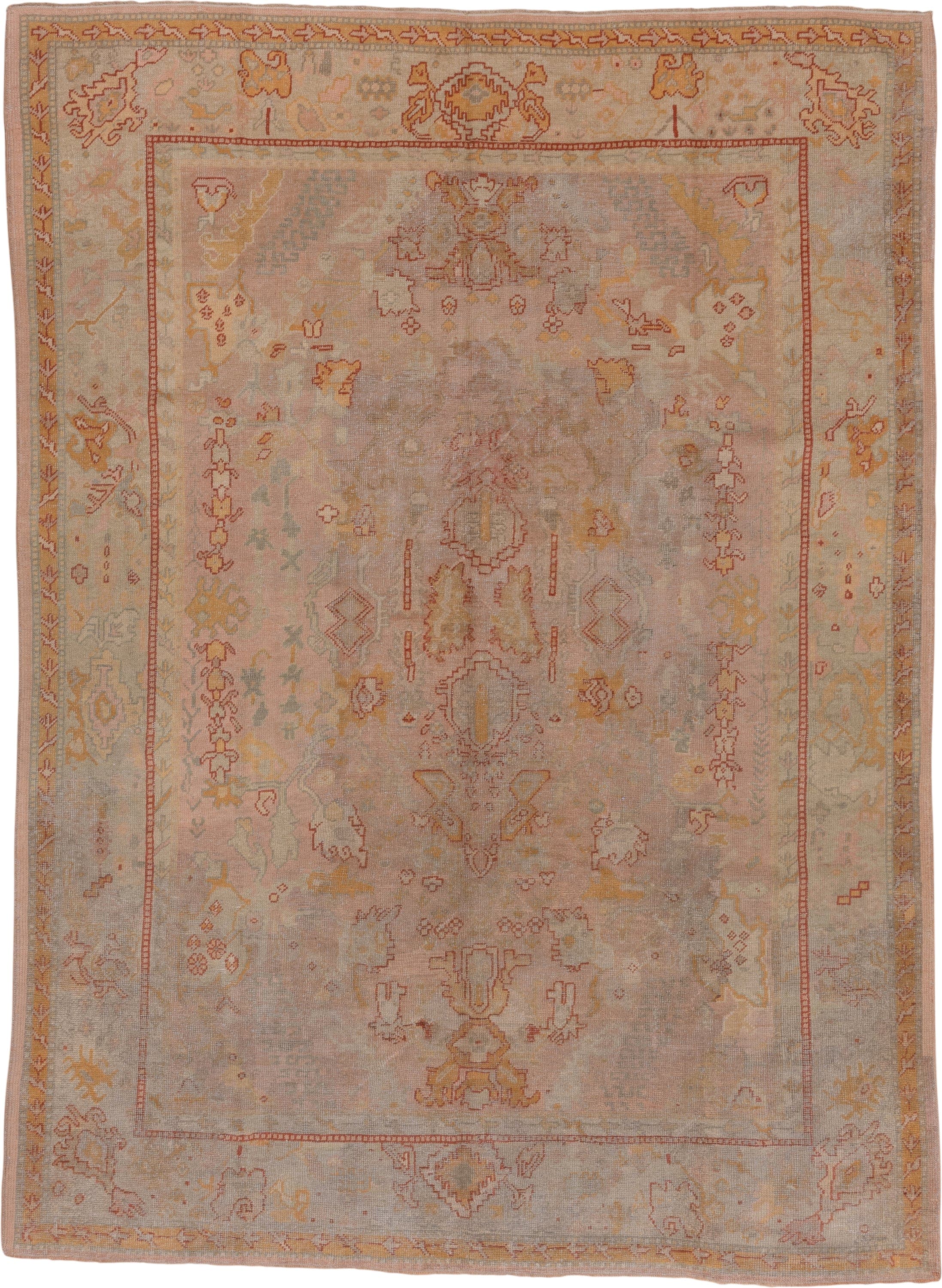 8' x 11' one-of-a-kind handmade antique Oushak large size rug. Color palette: blush, ivory, pale gold, terra cotta, sage