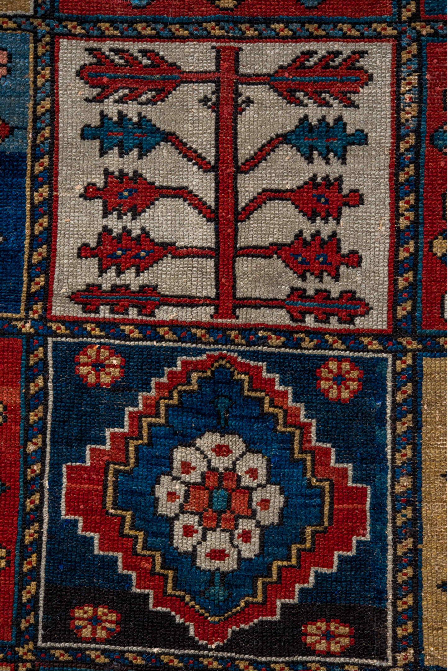 4' x 6' one-of-a-kind handmade vintage Baktiary small size rug. Color palette: black, blue, brown, dark slate gray, gray