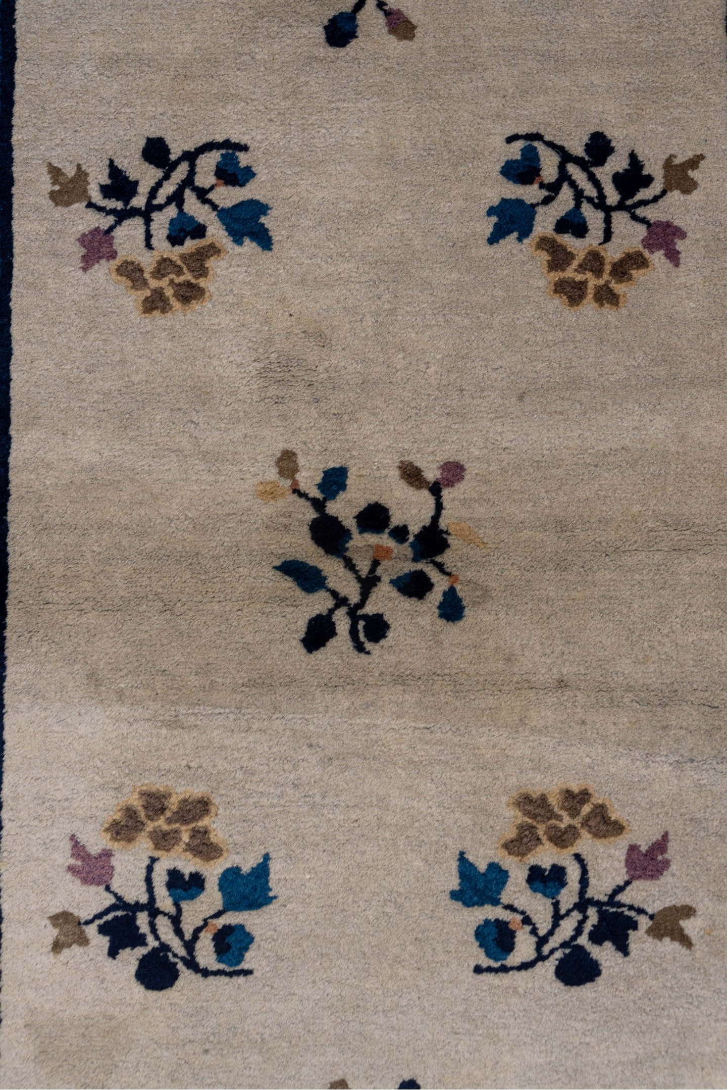 3' x 6' one-of-a-kind handmade vintage Chinese small size rug. Color palette: navy, ivory, blue, lavender, taupe, camel