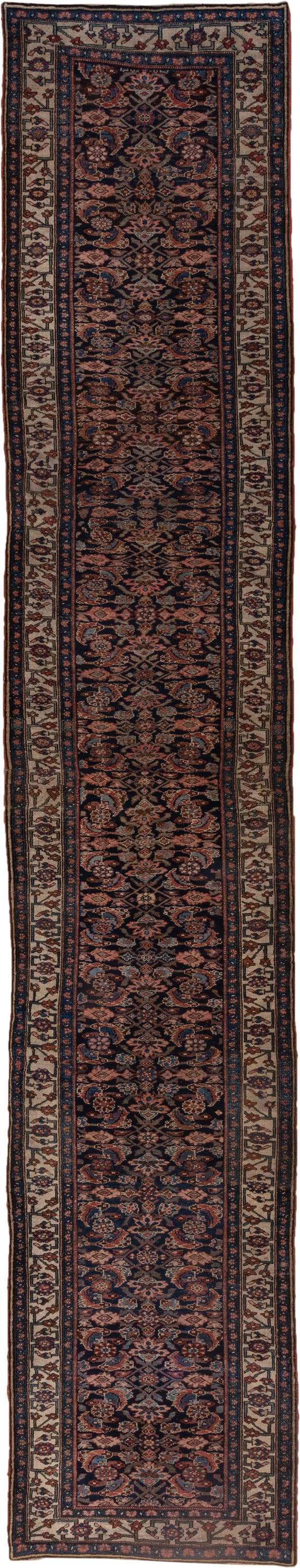 3' x 18' one-of-a-kind handmade antique Bidjar runner rug. Color palette: navy, ivory, rust, camel, rose, slate, blue