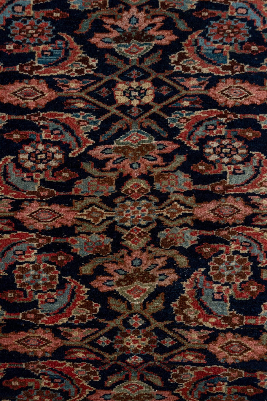 3' x 18' one-of-a-kind handmade antique Bidjar runner rug. Color palette: navy, ivory, rust, camel, rose, slate, blue