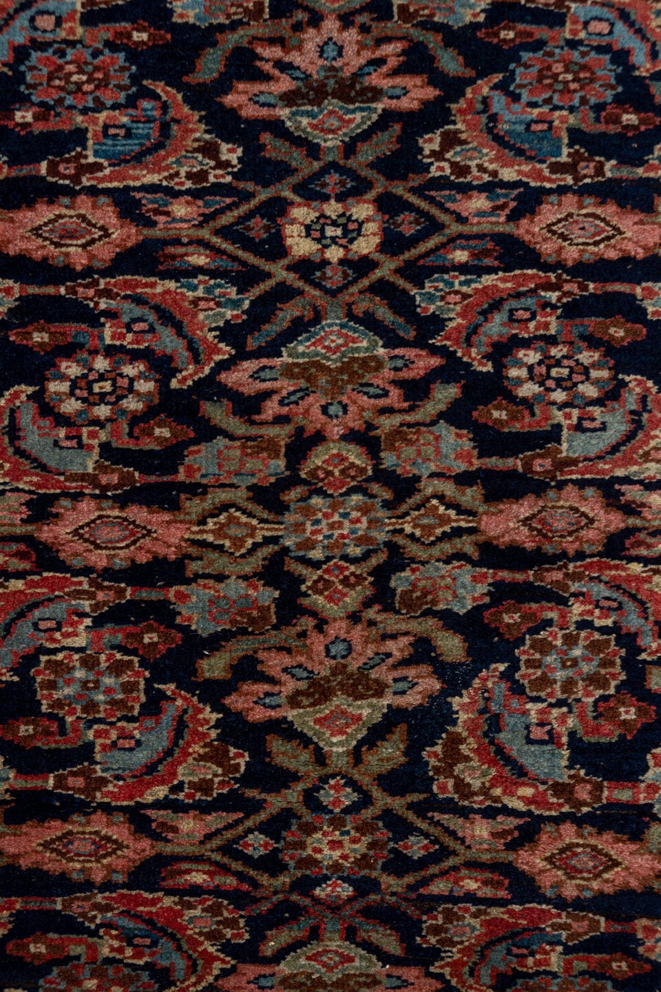 3' x 18' one-of-a-kind handmade antique Bidjar runner rug. Color palette: navy, ivory, rust, camel, rose, slate, blue