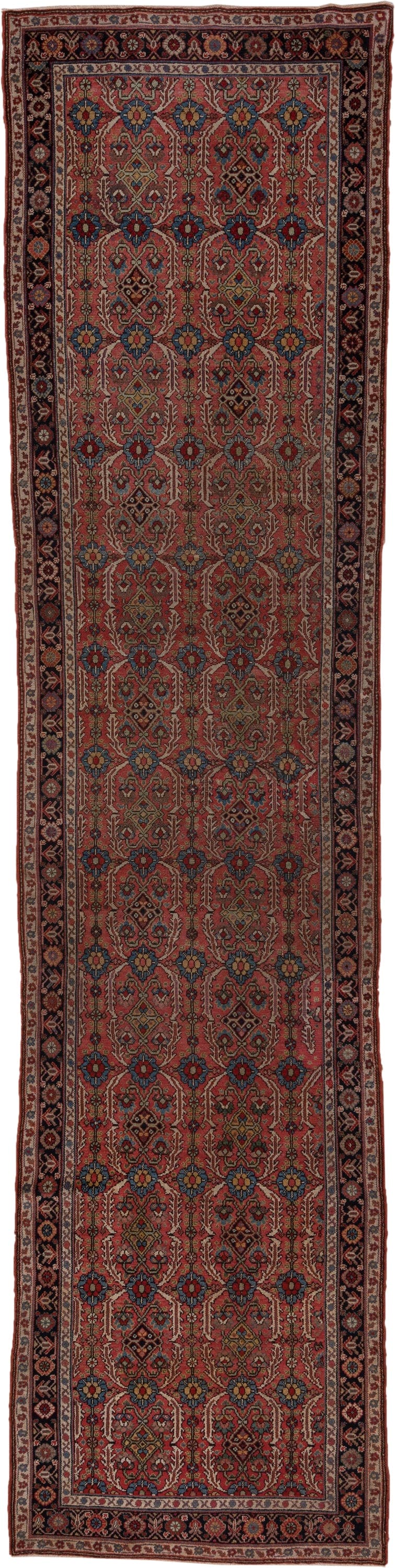 3' x 15' one-of-a-kind handmade antique NW Persian runner rug. Color palette: rust, navy, ivory, rose, gold, camel, charcoal
