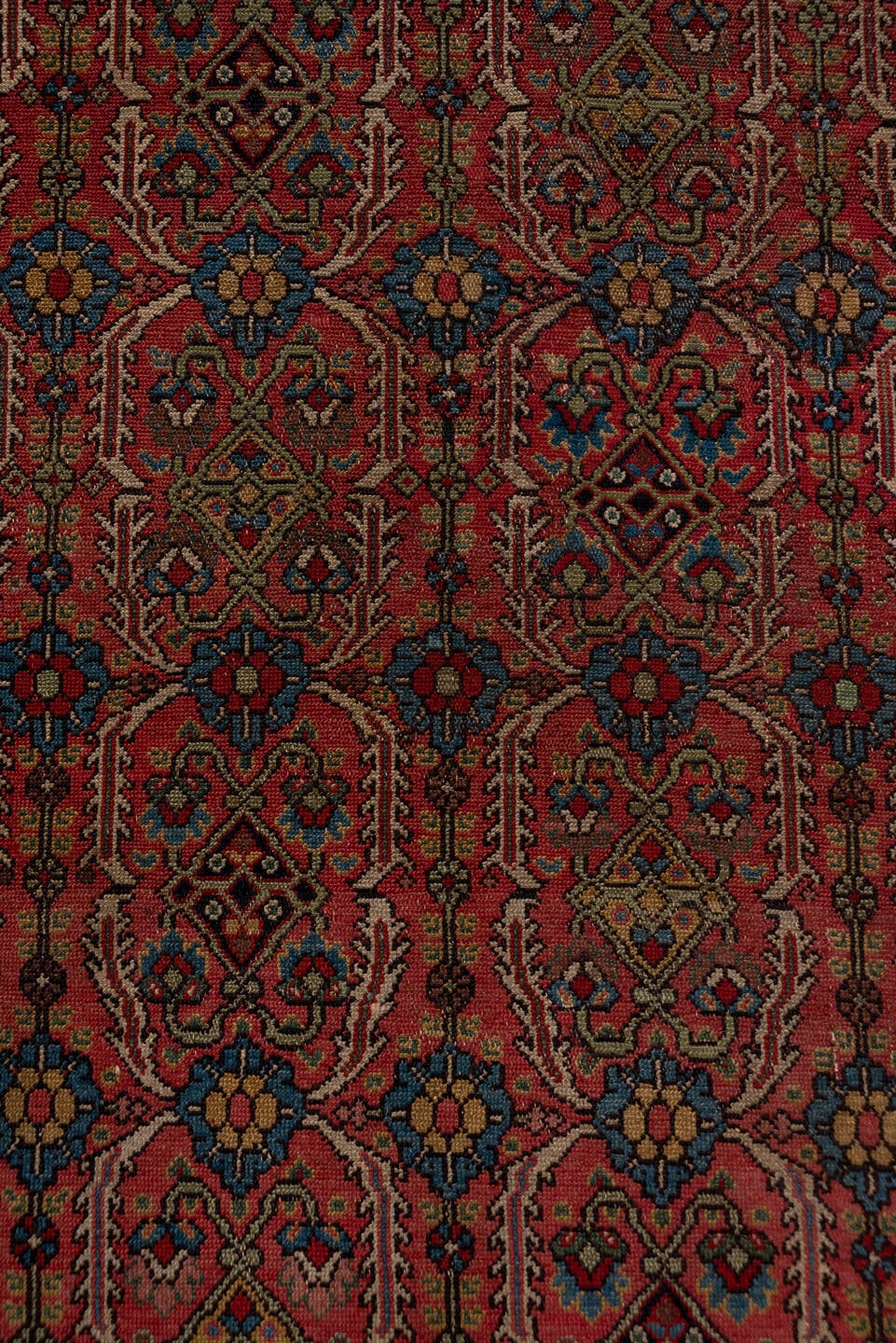 3' x 15' one-of-a-kind handmade antique NW Persian runner rug. Color palette: rust, navy, ivory, rose, gold, camel, charcoal