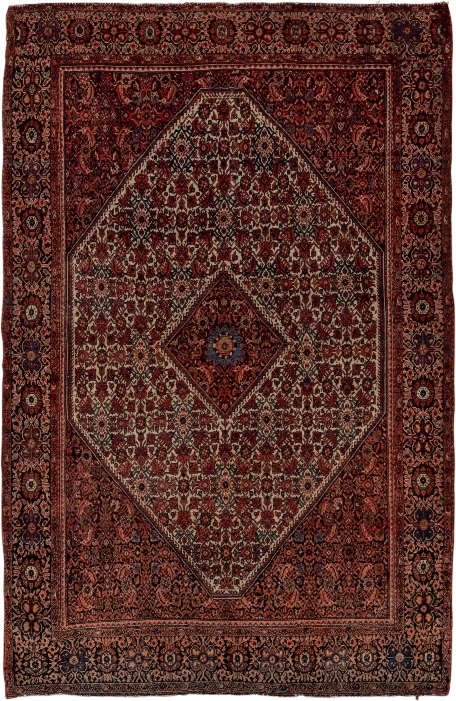 4' x 6' one-of-a-kind handmade antique Far.Sarouk small size rug. Color palette: rust, ivory, burgundy, navy, rose, camel