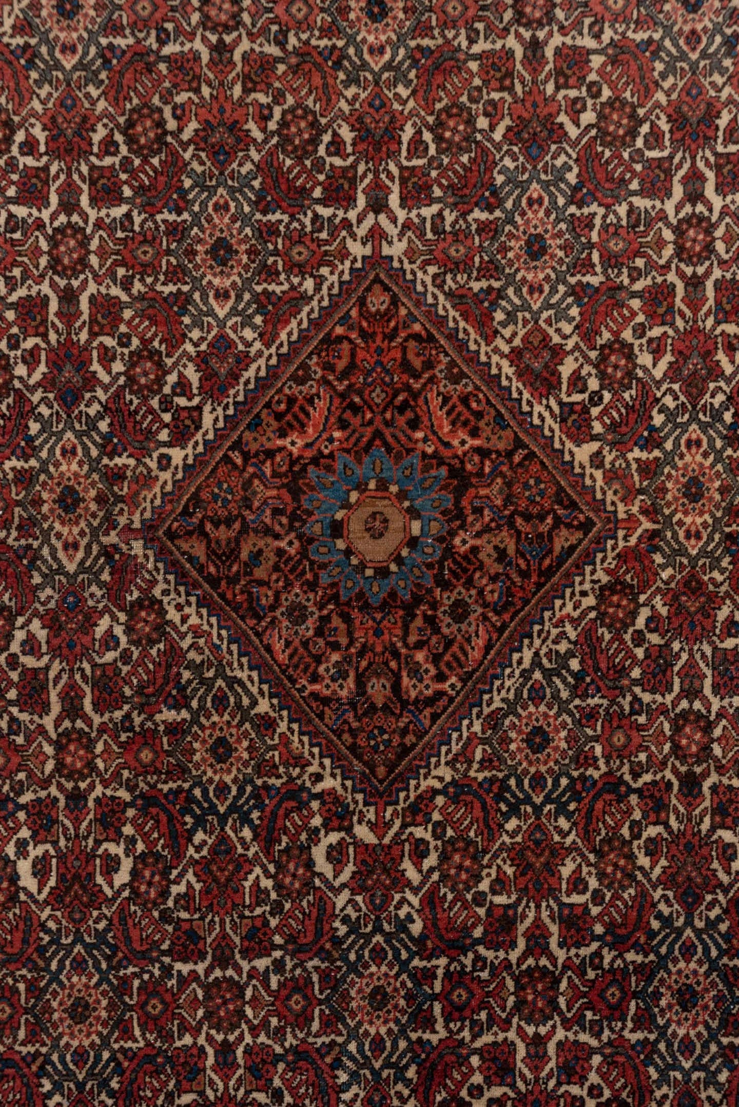4' x 6' one-of-a-kind handmade antique Far.Sarouk small size rug. Color palette: rust, ivory, burgundy, navy, rose, camel