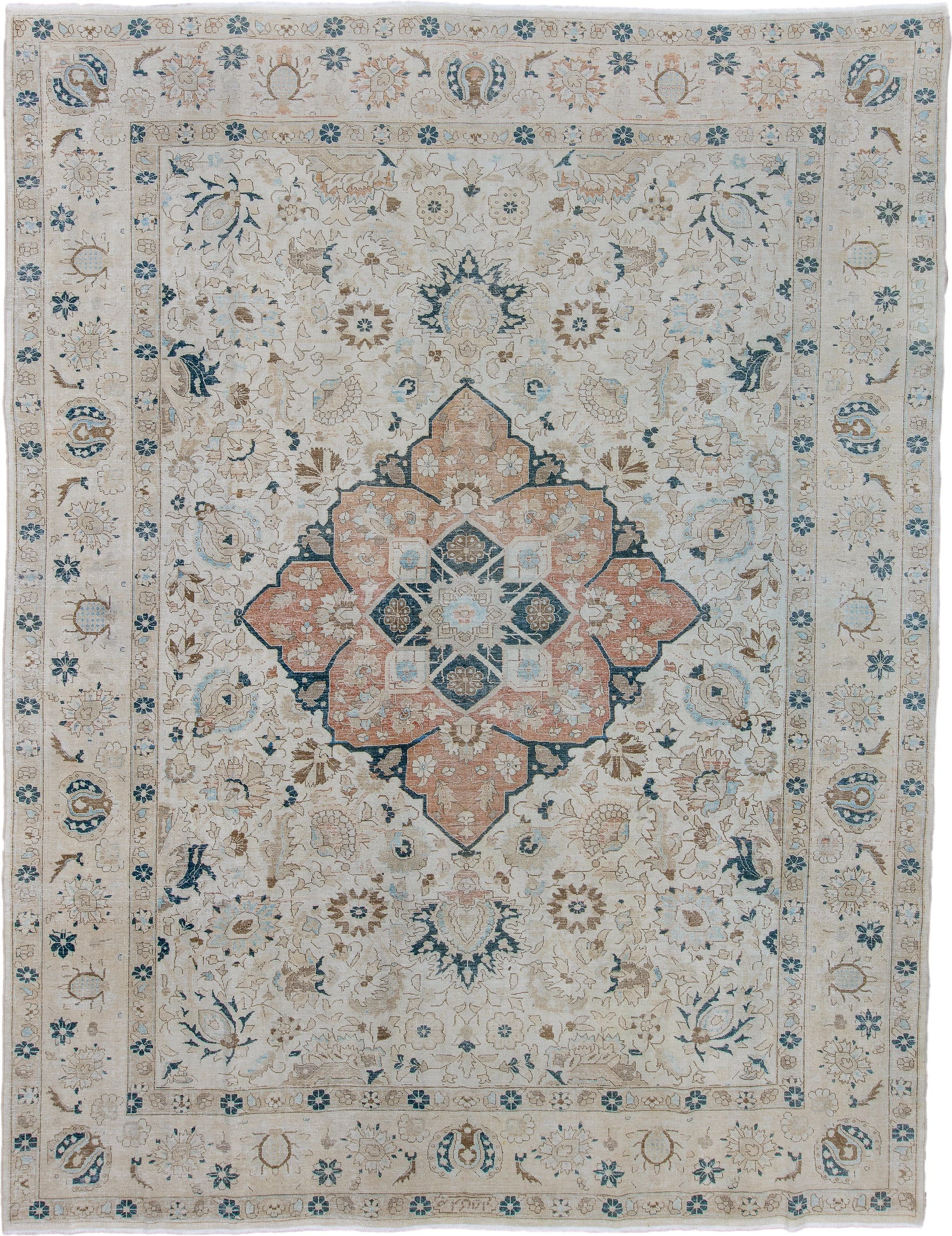 8' x 11' one-of-a-kind handmade antique Tabriz large size rug. Color palette: ivory, beige, blush, camel, slate_blue, taupe