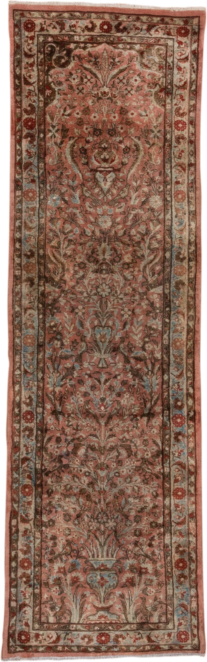 2' x 6' one-of-a-kind handmade antique Kashan runner rug. Color palette: rose, ivory, rust, brown, sky_blue, taupe, charcoal