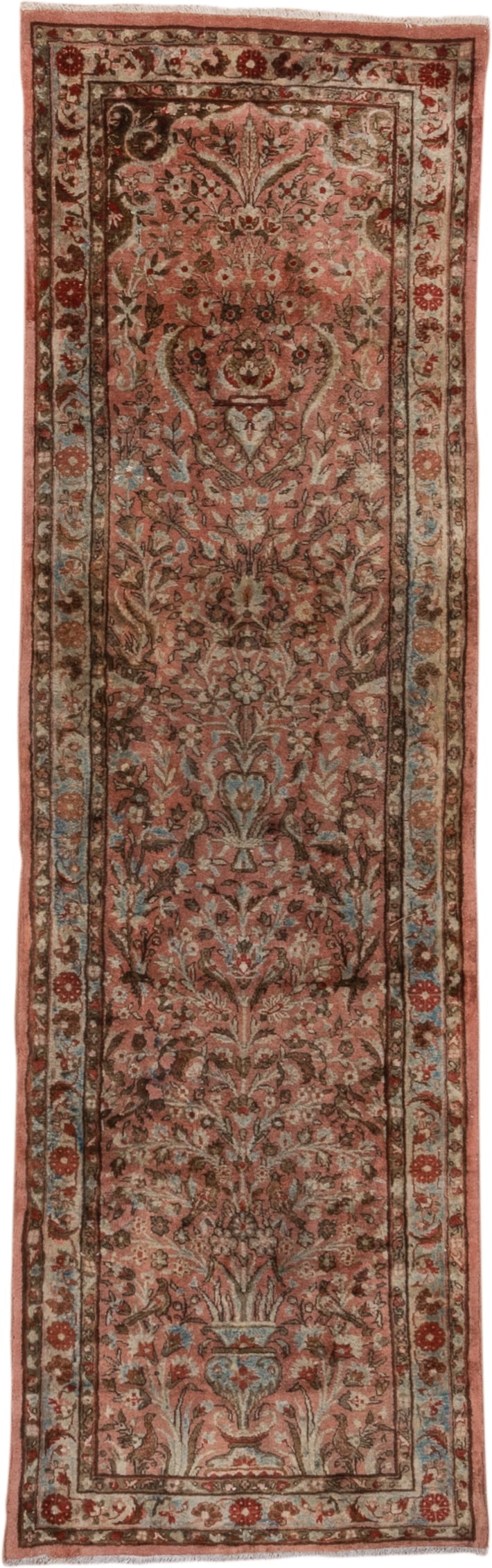2' x 6' one-of-a-kind handmade antique Kashan runner rug. Color palette: rose, ivory, rust, brown, sky_blue, taupe, charcoal