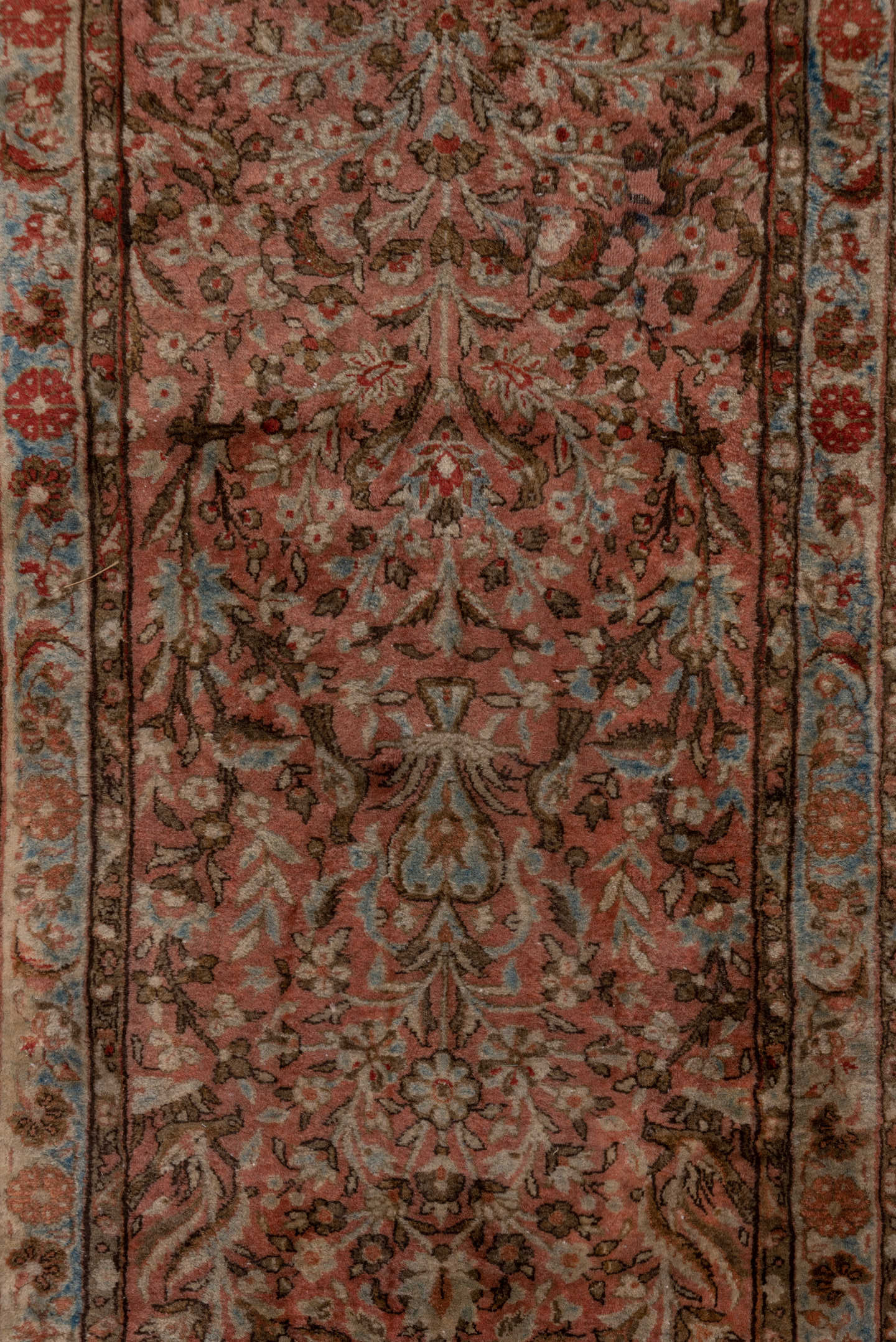 2' x 6' one-of-a-kind handmade antique Kashan runner rug. Color palette: rose, ivory, rust, brown, sky_blue, taupe, charcoal