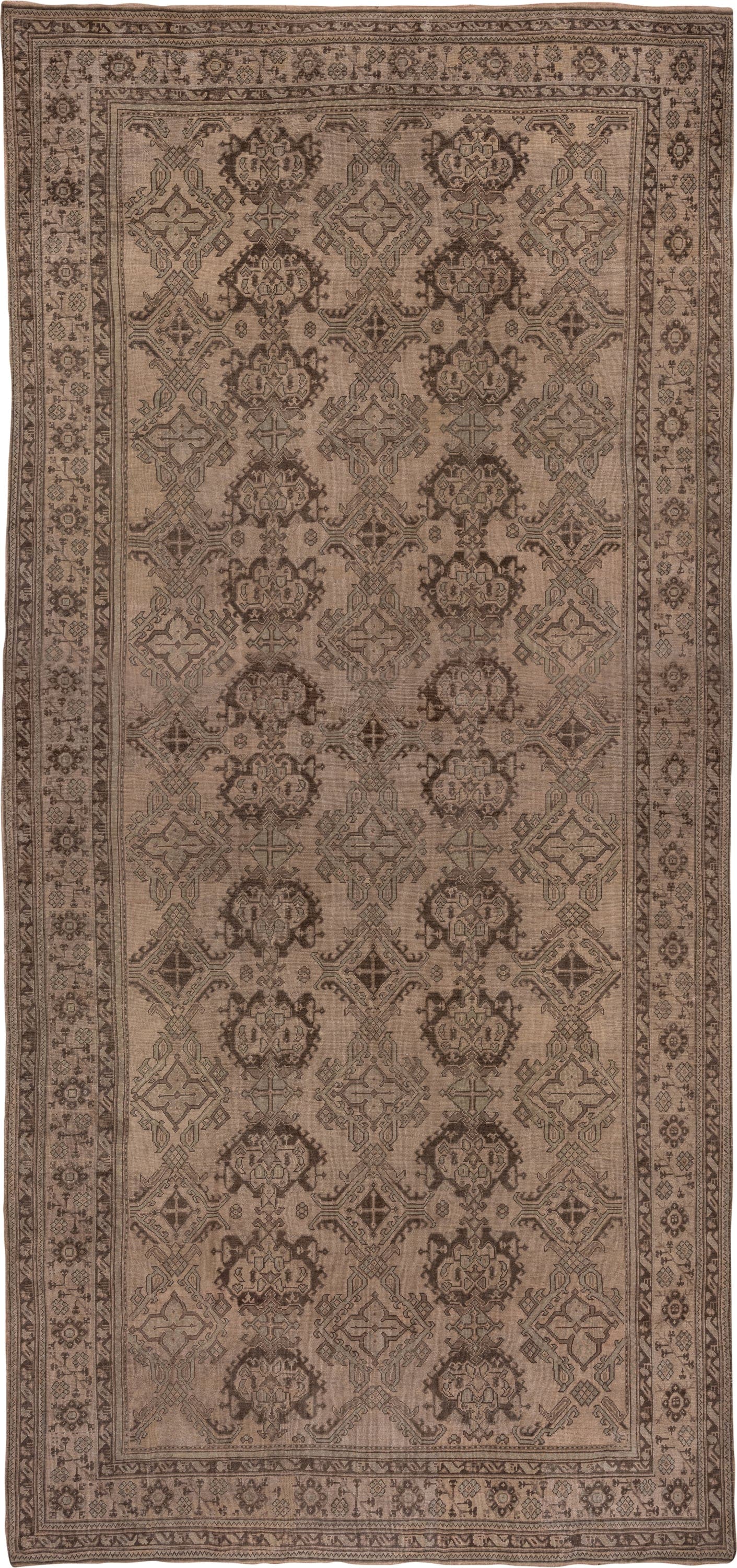 12' x 26' one-of-a-kind handmade antique Oushak oversize rug. Color palette: taupe, brown, camel, charcoal, beige, gray