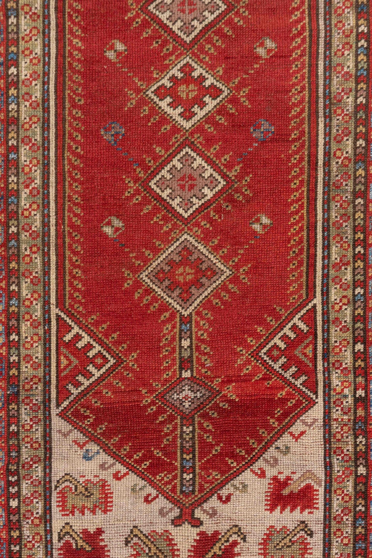 3' x 5' one-of-a-kind handmade vintage Melas small size rug. Color palette: rust, ivory, brick, navy, camel, rose, brown