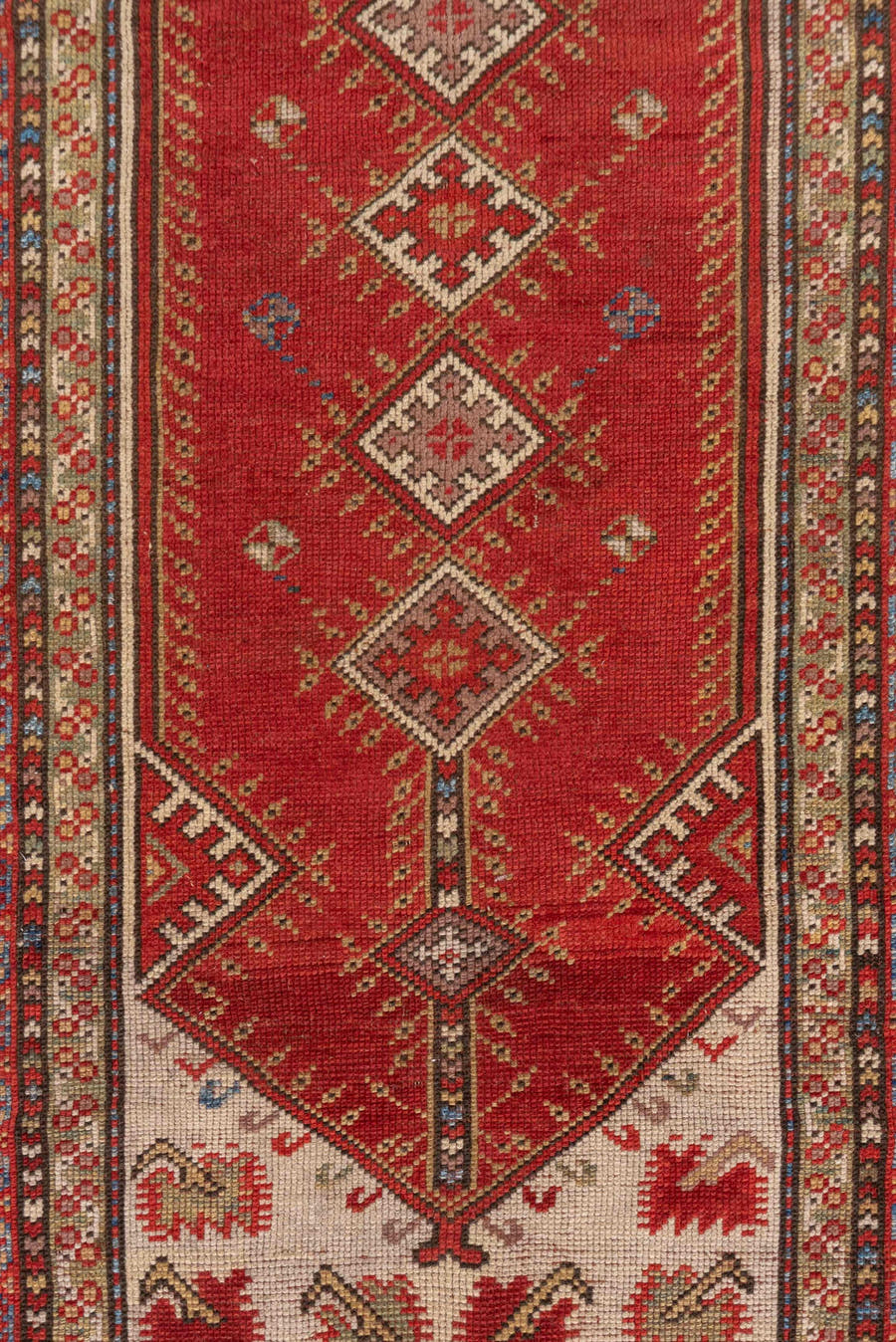 3' x 5' one-of-a-kind handmade vintage Melas small size rug. Color palette: rust, ivory, brick, navy, camel, rose, brown