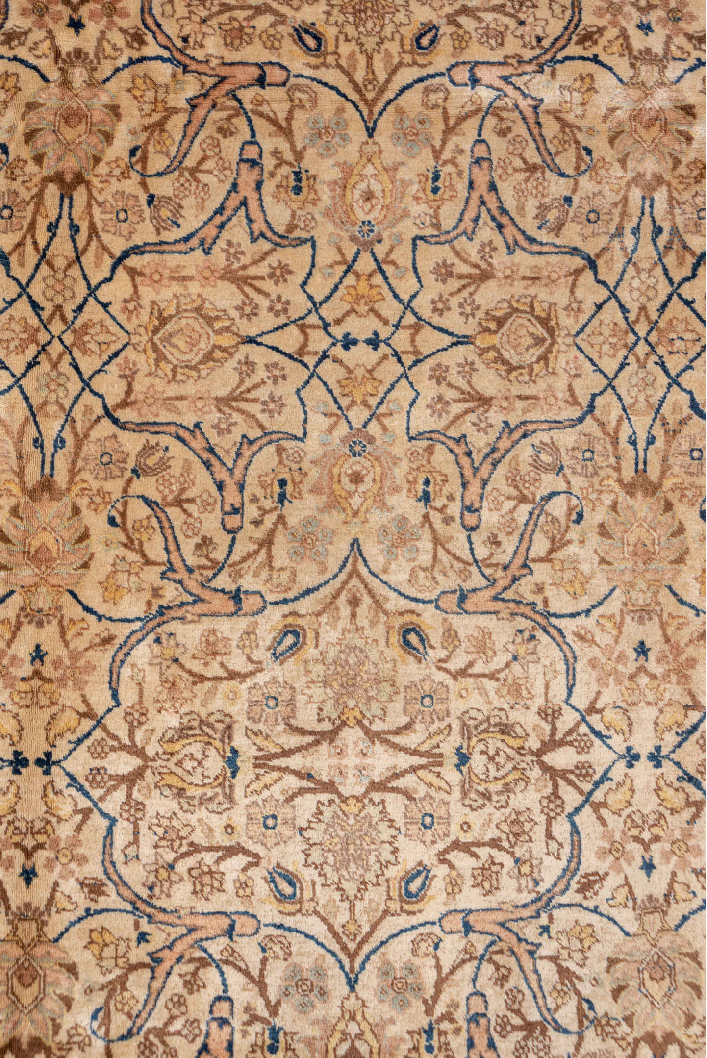 6' x 9' one-of-a-kind handmade antique Tabriz medium size rug. Color palette: ivory, camel, taupe, navy, beige, brown