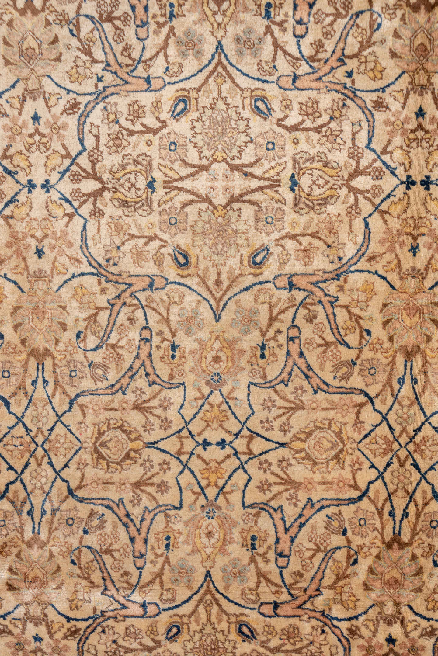 6' x 9' one-of-a-kind handmade antique Tabriz medium size rug. Color palette: ivory, camel, taupe, navy, beige, brown