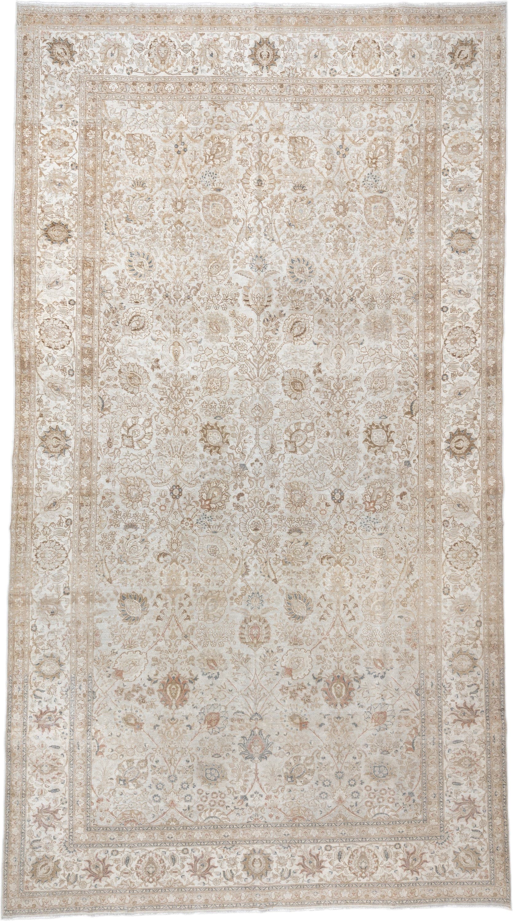 9' x 18' one-of-a-kind handmade antique Tabriz rug. Color palette: ivory, taupe, beige, camel, pale blue, sage, soft gold