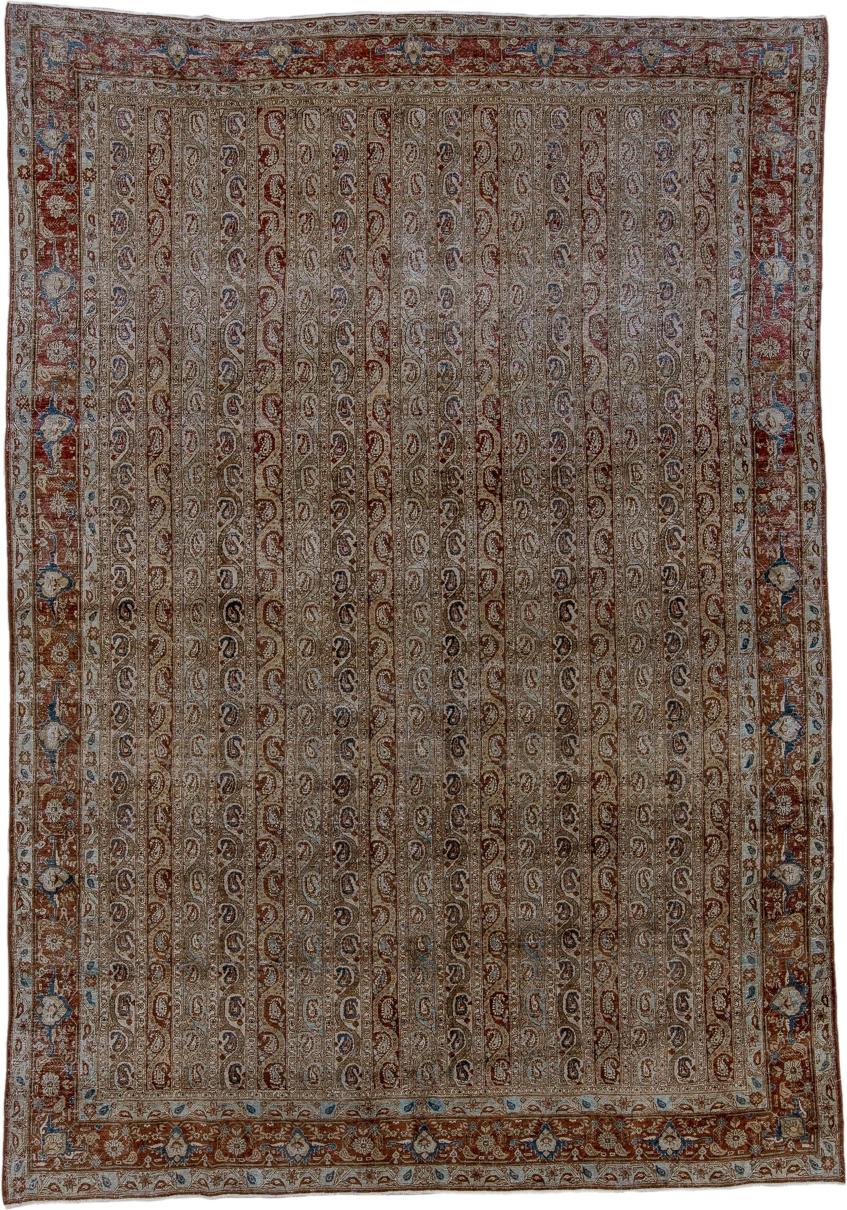 7' x 10' one-of-a-kind handmade antique Qum large size rug. Color palette: ivory, rust, camel, light blue, taupe, brown