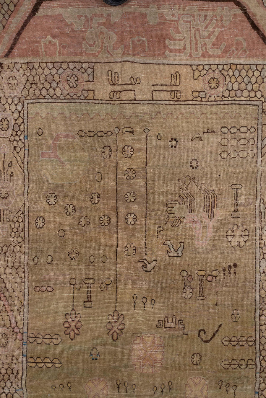 12' x 13' one-of-a-kind handmade antique Khotan oversize rug. Color palette: camel, taupe, brown, rose, ivory, slate, blue