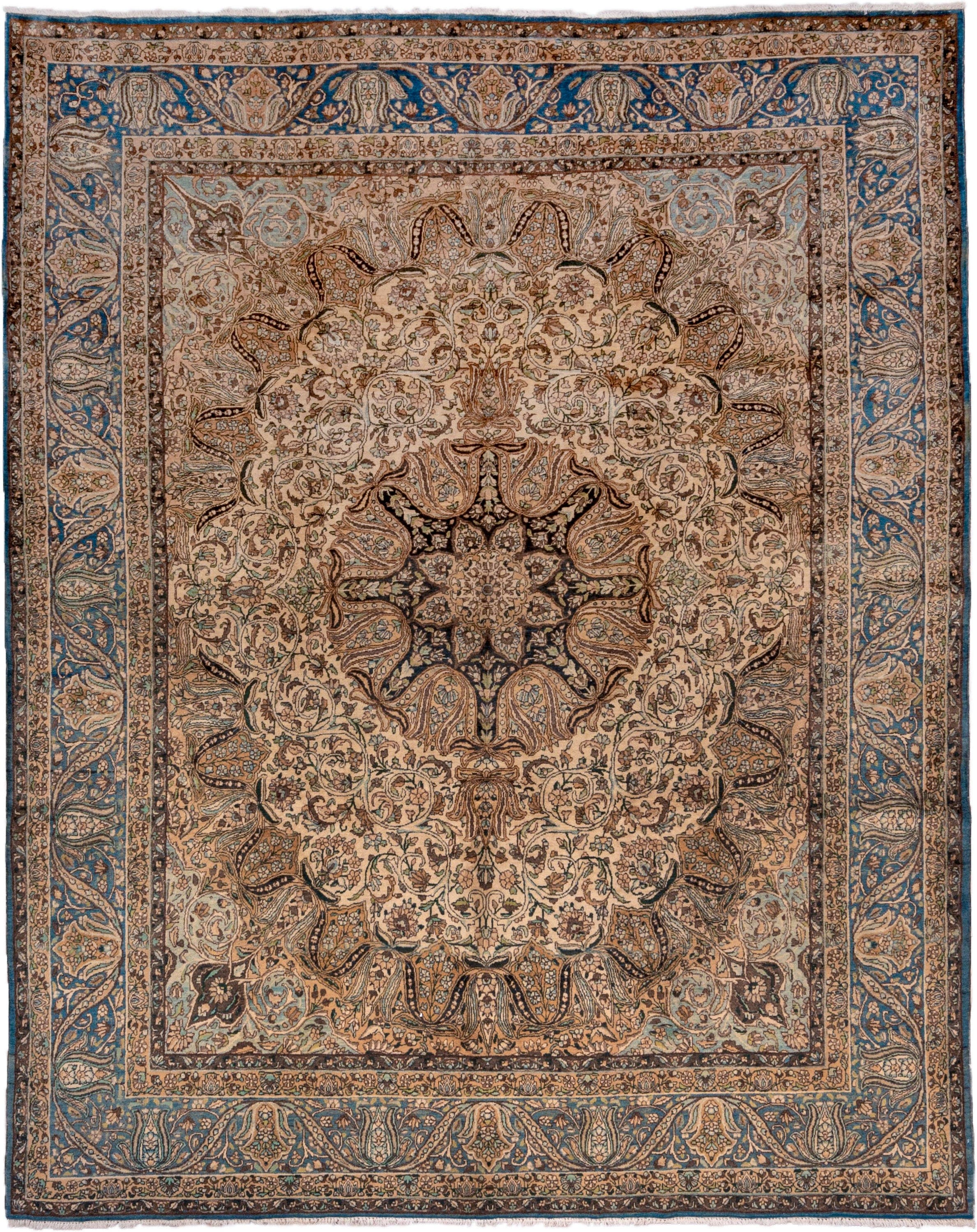 7' x 9' one-of-a-kind handmade vintage Kerman rug. Color palette: ivory, blue, camel, brown, taupe, charcoal, sage, beige