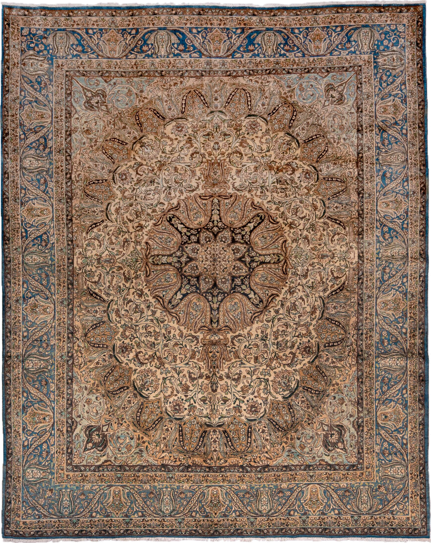 7' x 9' one-of-a-kind handmade vintage Kerman rug. Color palette: arapawa, black, blue, brown, charcoal, dim gray, gainsboro