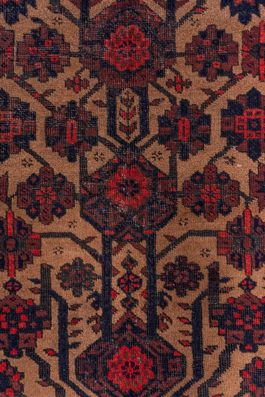 3' x 5' one-of-a-kind handmade antique Belouch small size rug. Color palette: crimson, ivory, navy, charcoal, rust, brown