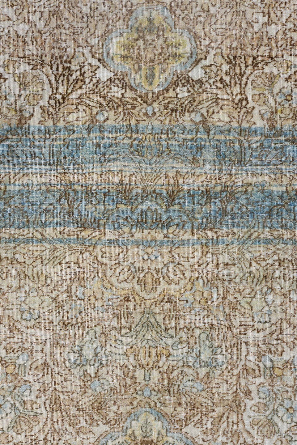 6' x 10' one-of-a-kind handmade antique Kerman large size rug. Color palette: ivory, beige, taupe, sky blue, camel, cream
