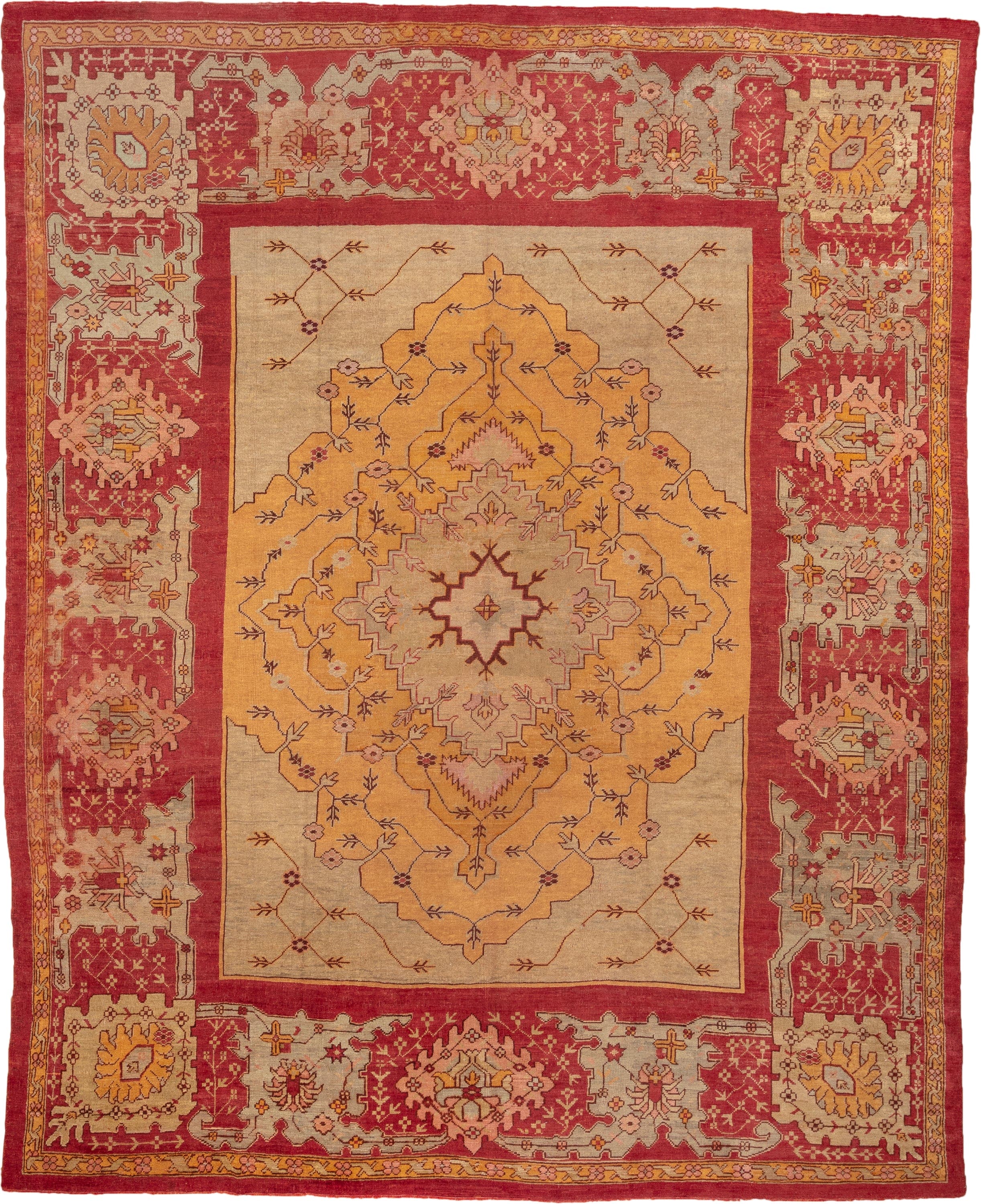 11' x 14' one-of-a-kind handmade antique Oushak oversize rug. Color palette: rust, ivory, gold, peach, sage, rose, taupe