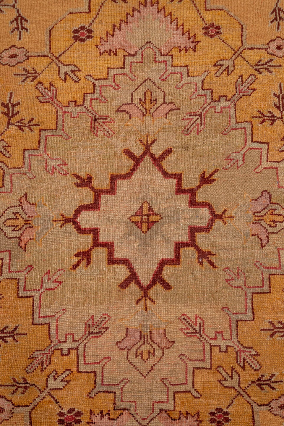 11' x 14' one-of-a-kind handmade antique Oushak oversize rug. Color palette: rust, ivory, gold, peach, sage, rose, taupe