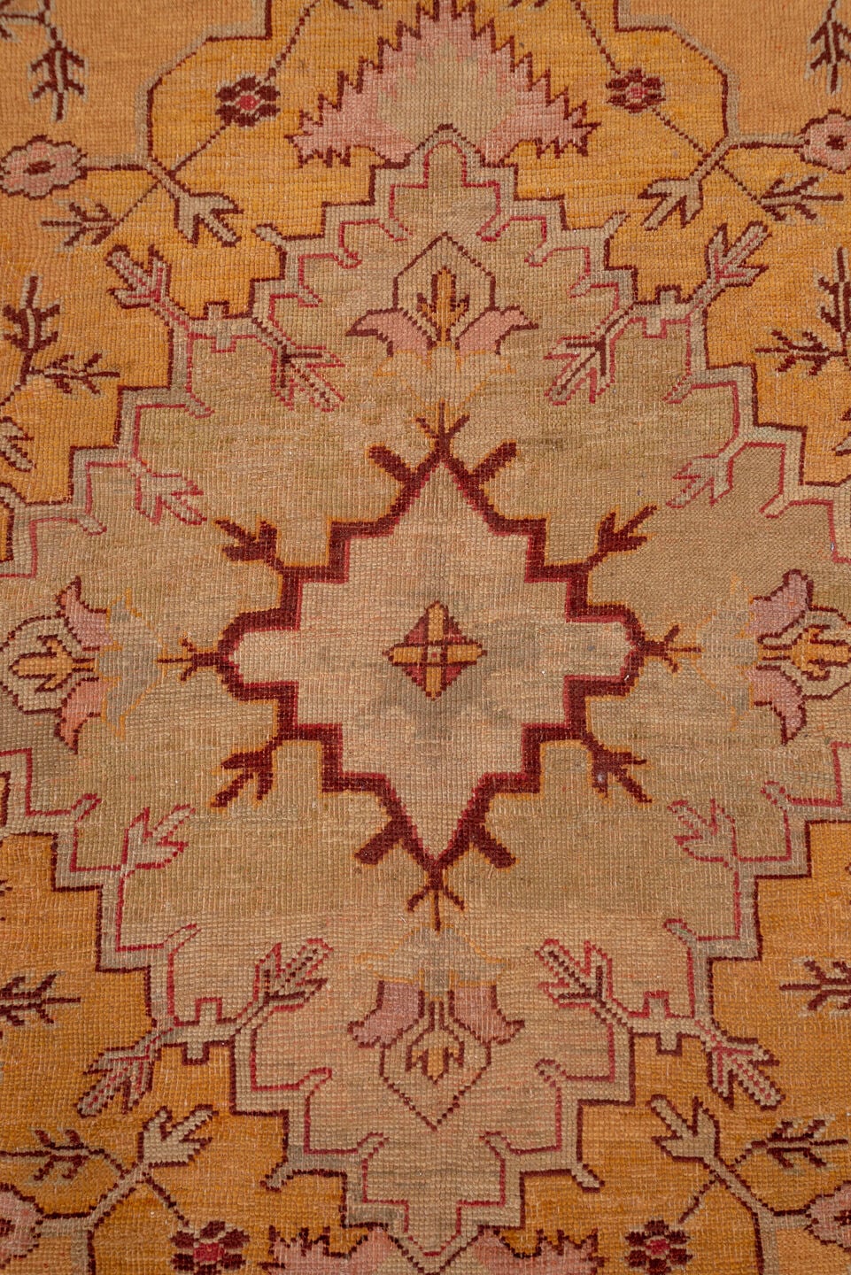 11' x 14' one-of-a-kind handmade antique Oushak oversize rug. Color palette: rust, ivory, gold, peach, sage, rose, taupe