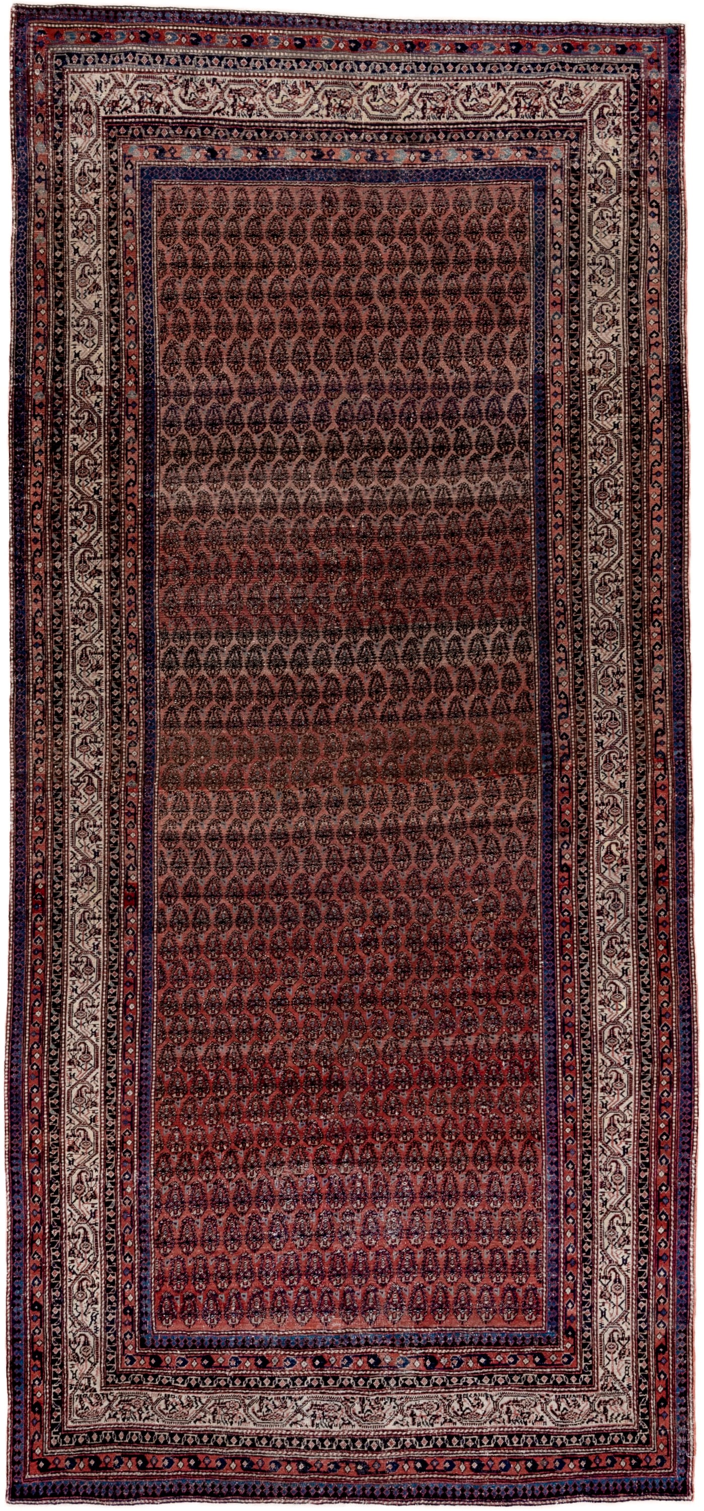 5' x 12' one-of-a-kind handmade antique Saraband rug. Color palette: rust, ivory, navy, burgundy, slate, rose, charcoal