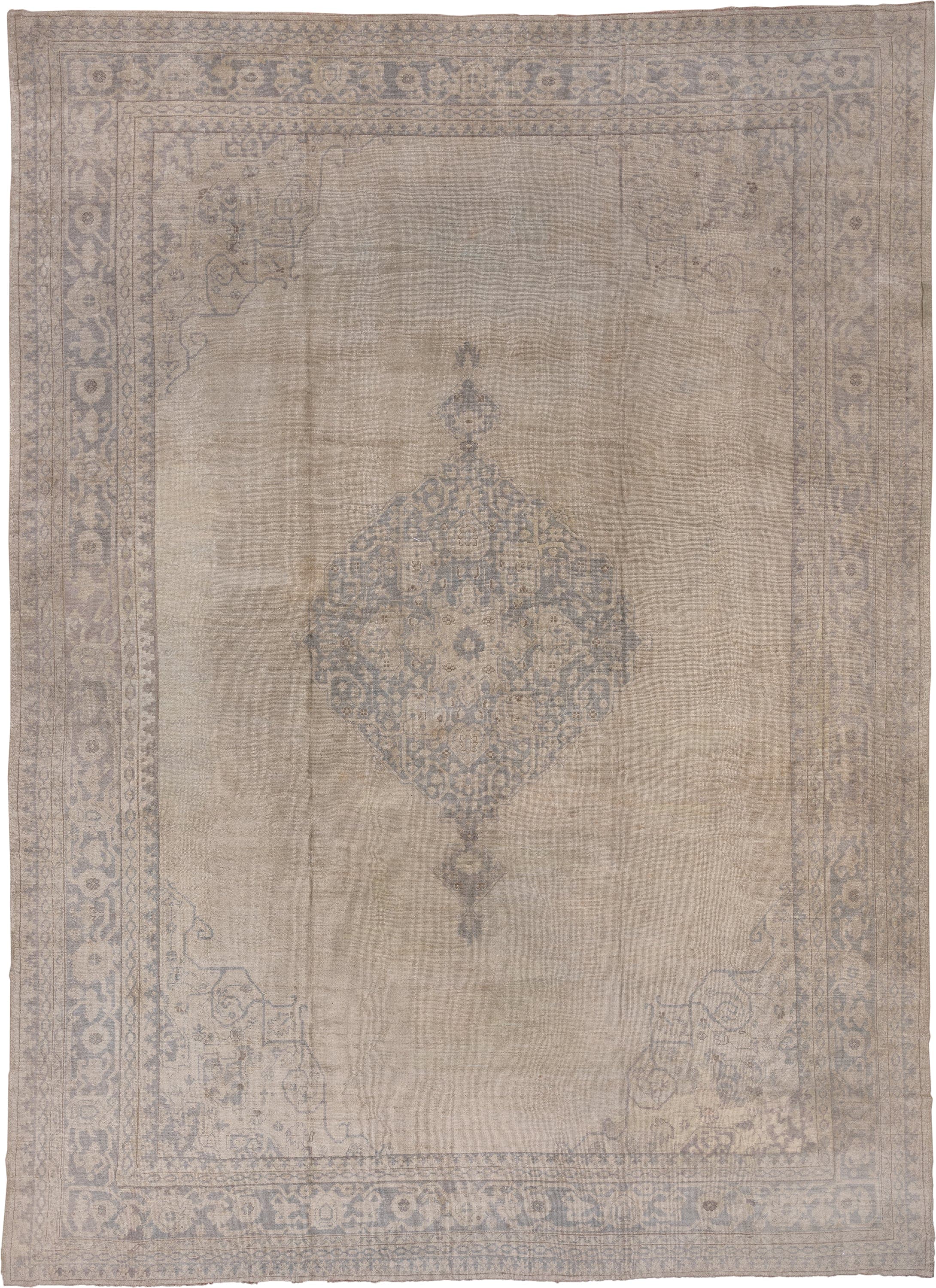 14' x 19' one-of-a-kind handmade antique Oushak oversize rug. Color palette: ivory, beige, taupe, slate, gray, cream