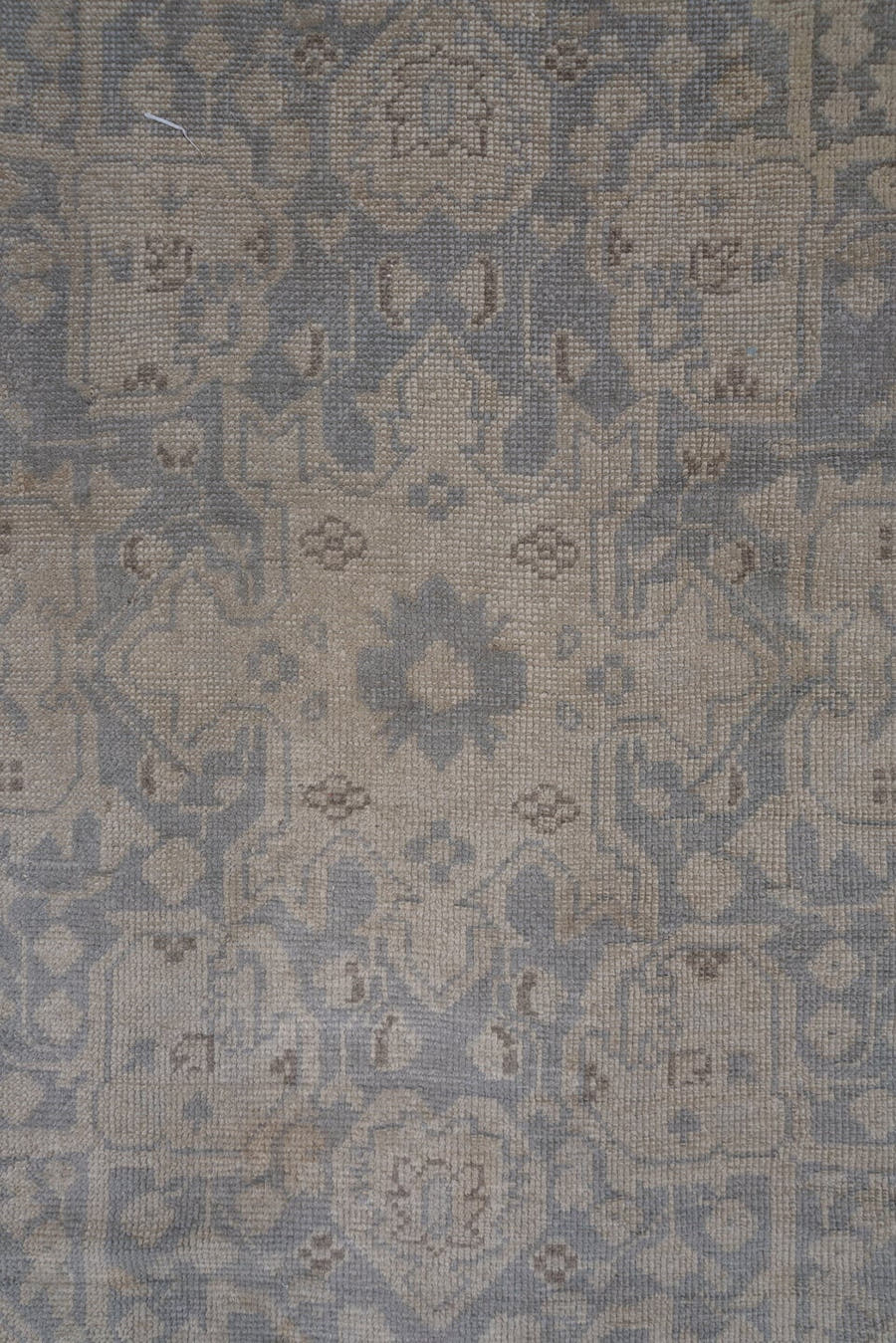 14' x 19' one-of-a-kind handmade antique Oushak oversize rug. Color palette: ivory, beige, taupe, slate, gray, cream