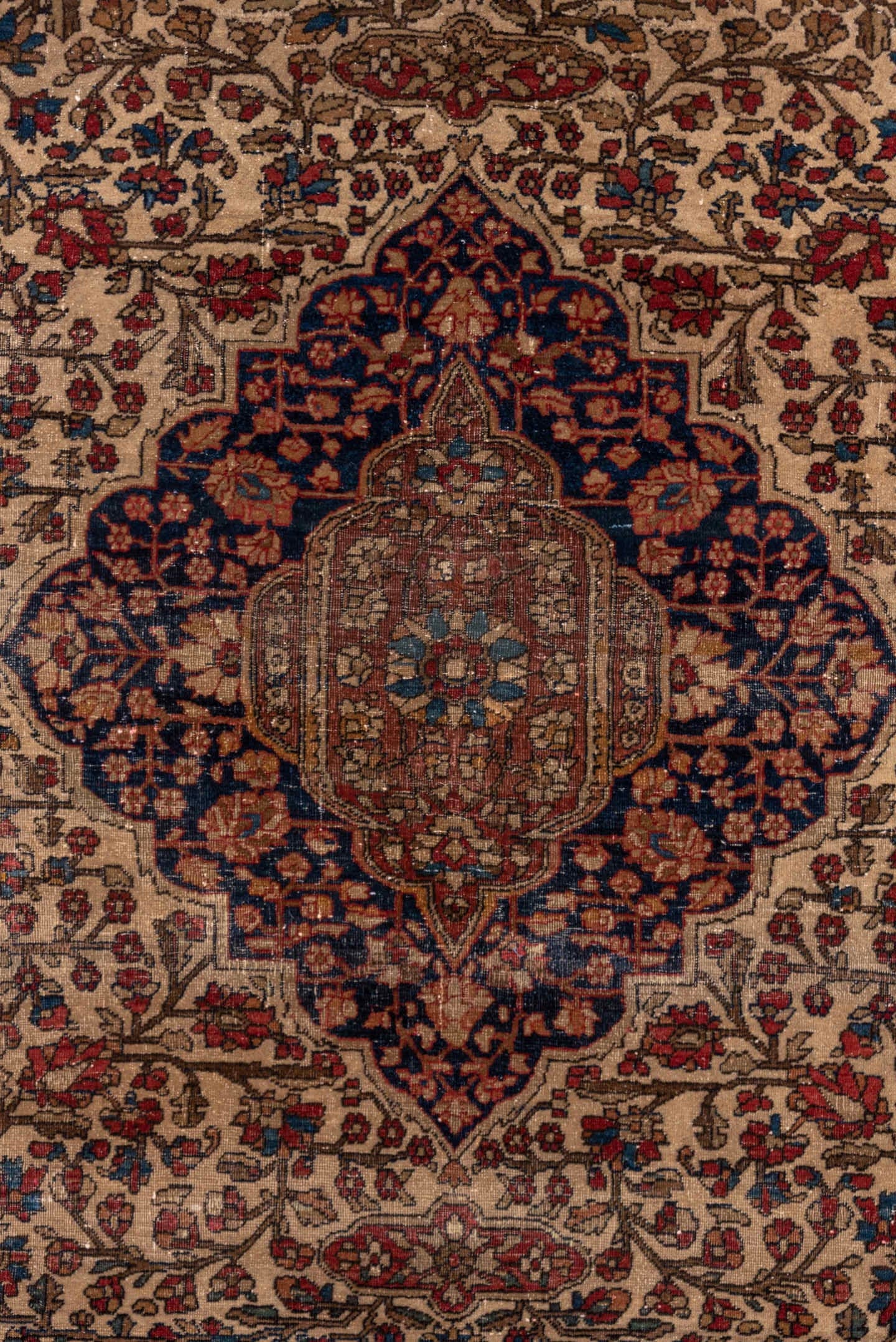 4' x 6' one-of-a-kind handmade antique Mohtasham Kashan small size rug. Color palette: ivory, navy, rust, brown, burgundy