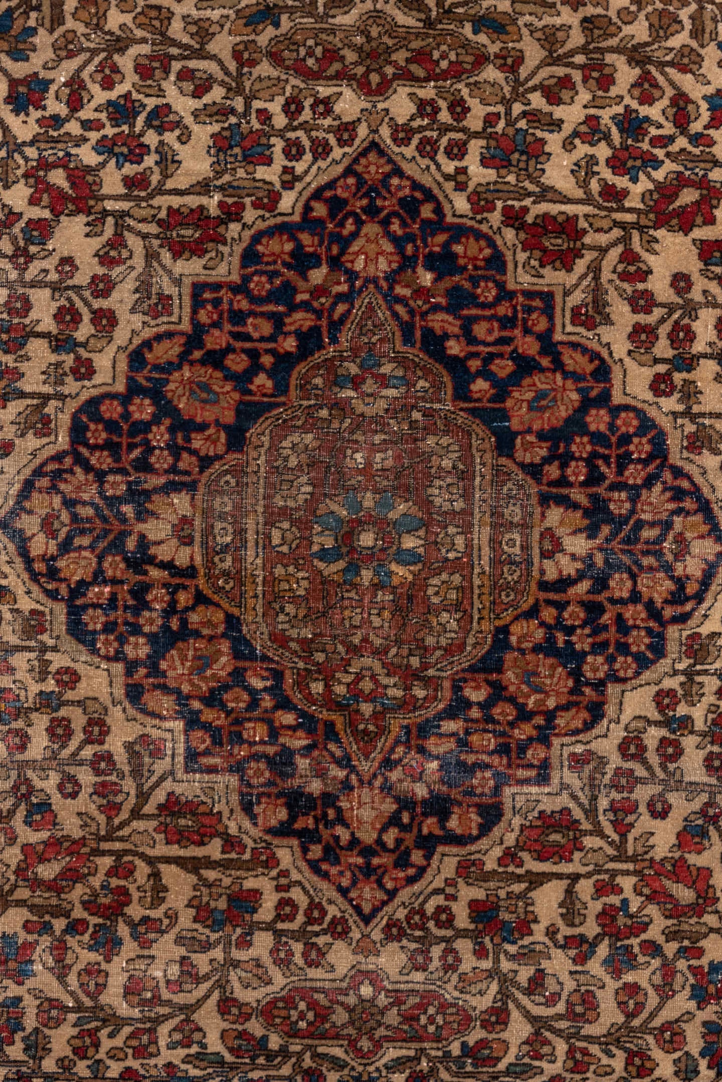 4' x 6' one-of-a-kind handmade antique Mohtasham Kashan small size rug. Color palette: ivory, navy, rust, brown, burgundy