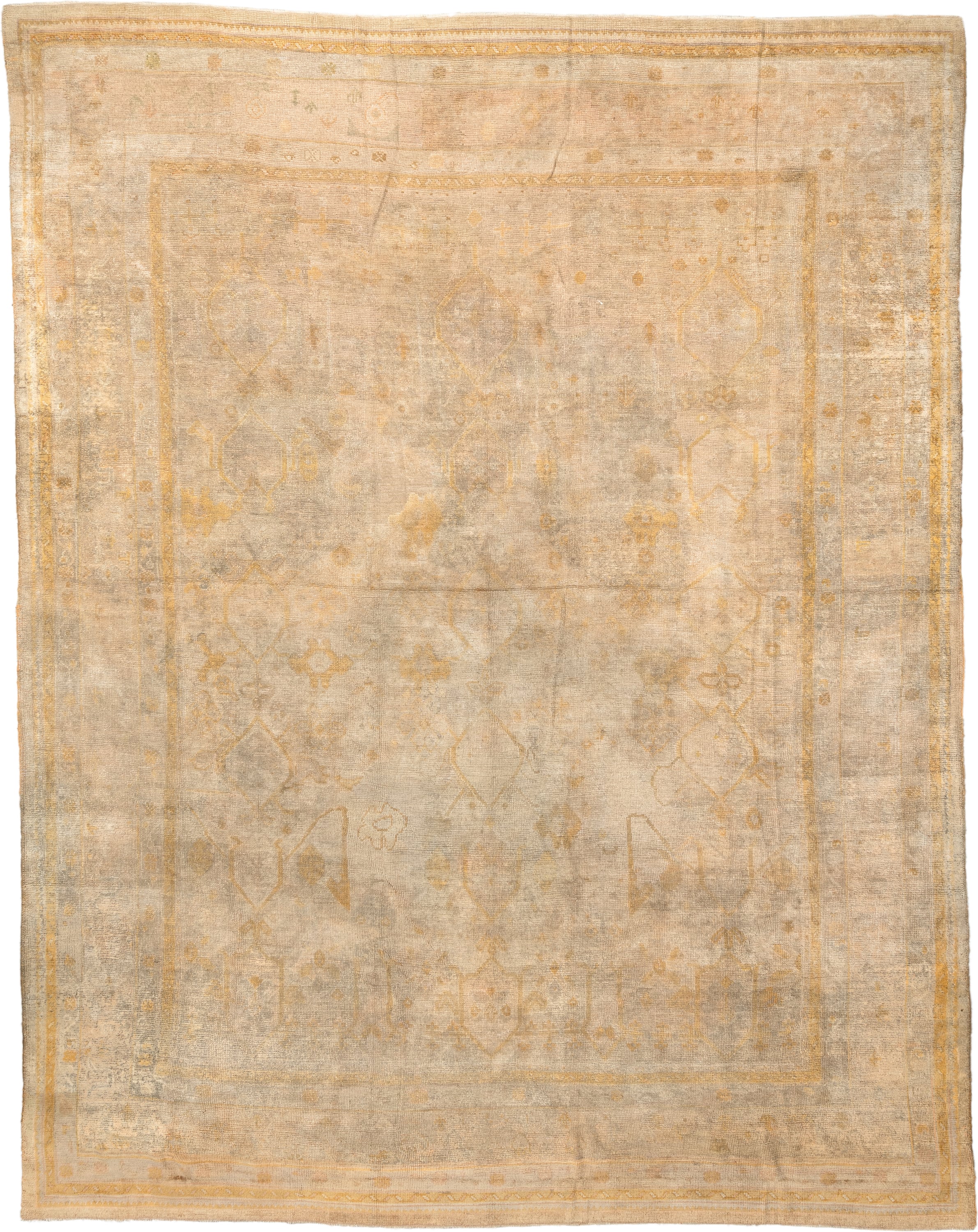 12' x 16' one-of-a-kind handmade antique Oushak oversize rug. Color palette: ivory, sand, gold, beige, taupe, pale sage