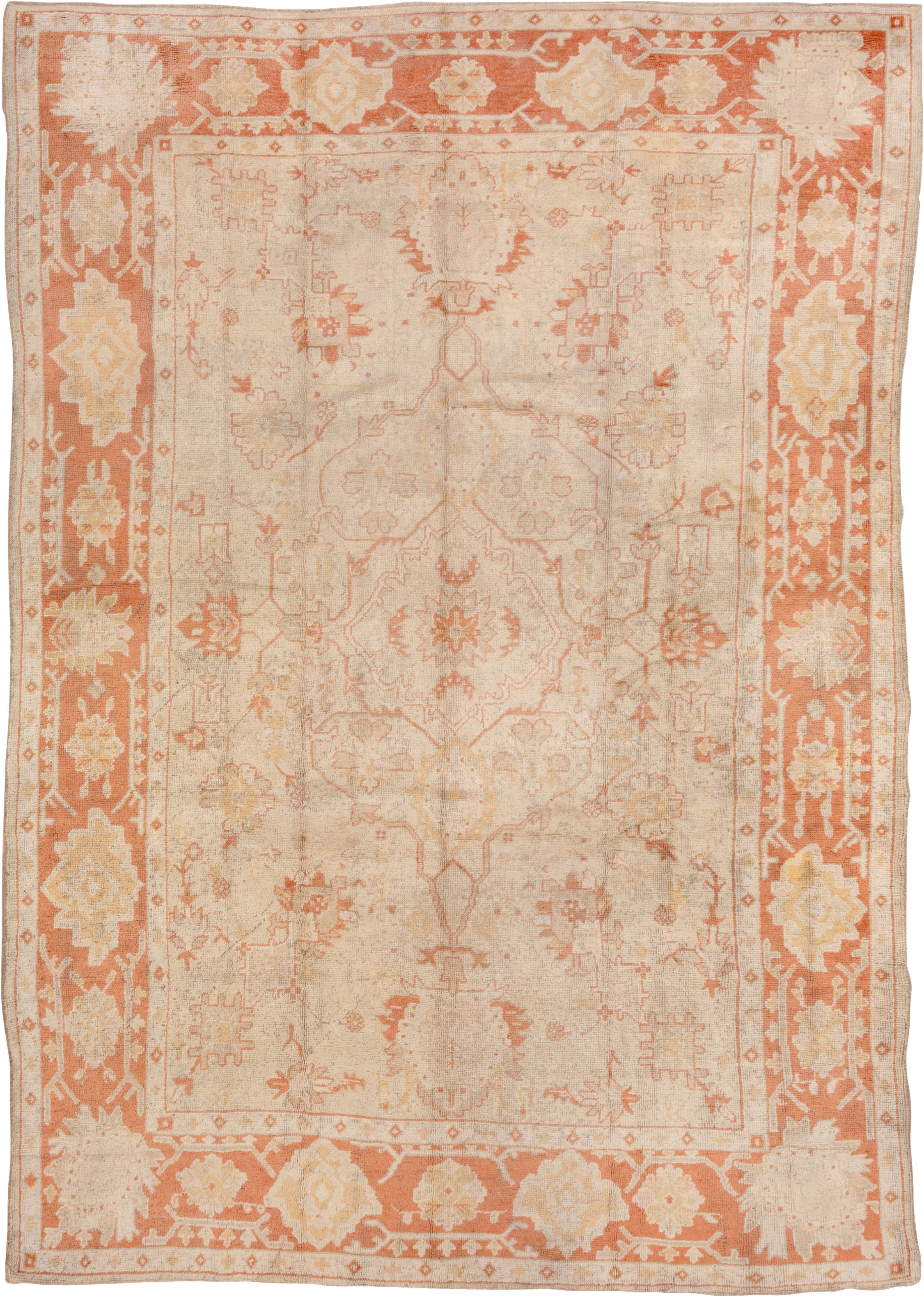 9' x 13' one-of-a-kind handmade antique Oushak large size rug. Color palette: ivory, terra cotta, cream, peach, beige