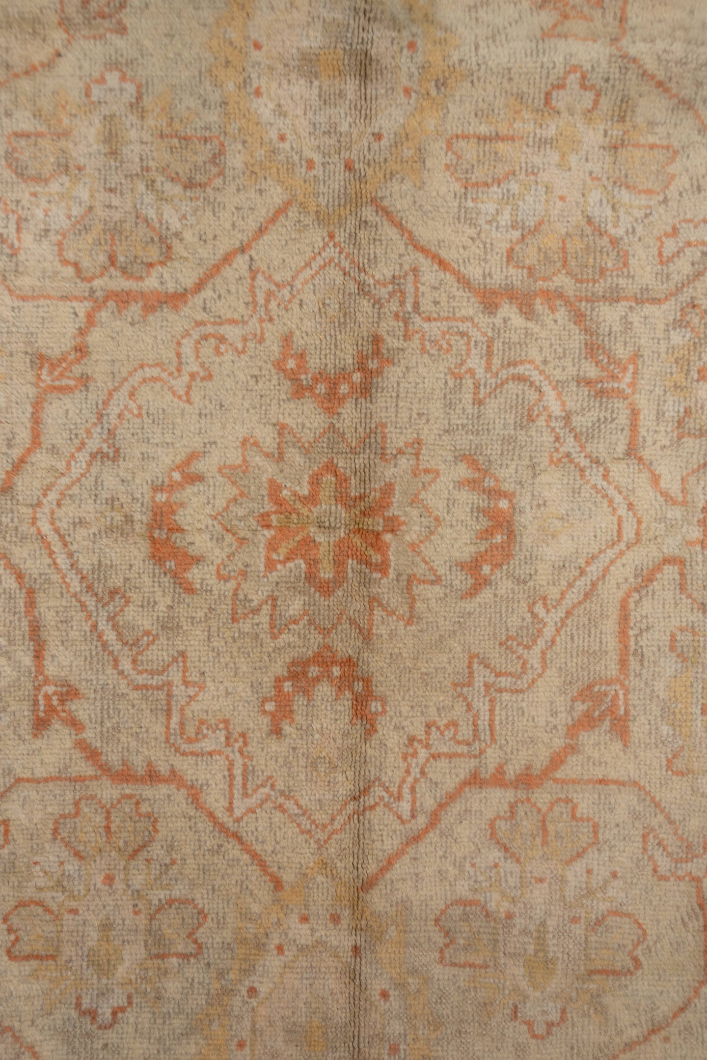 9' x 13' one-of-a-kind handmade antique Oushak large size rug. Color palette: ivory, terra cotta, cream, peach, beige