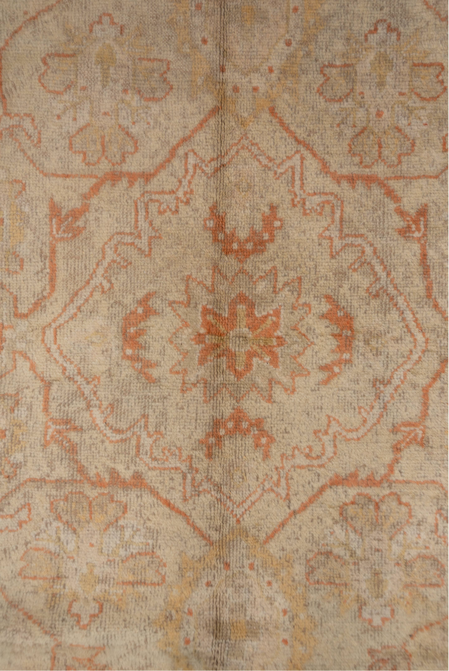 9' x 13' one-of-a-kind handmade vintage Oushak large size rug. Color palette: brown, gray, off-white, orange, pink, snow