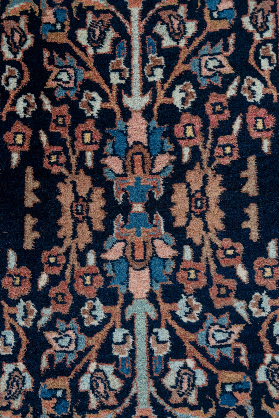 3' x 14' one-of-a-kind handmade antique Bidjar runner rug. Color palette: navy, rust, ivory, camel, slate, rose, blue