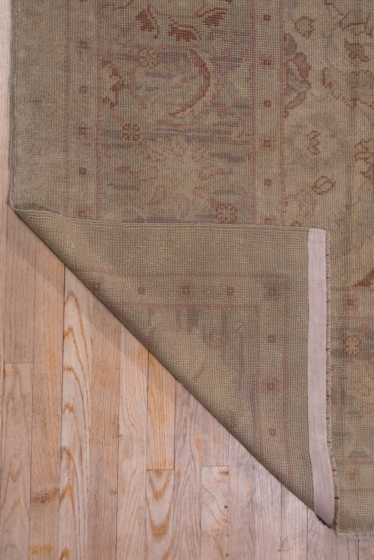 10' x 14' one-of-a-kind handmade antique Oushak large size rug. Color palette: taupe, ivory, dusty rose, pale blue, beige